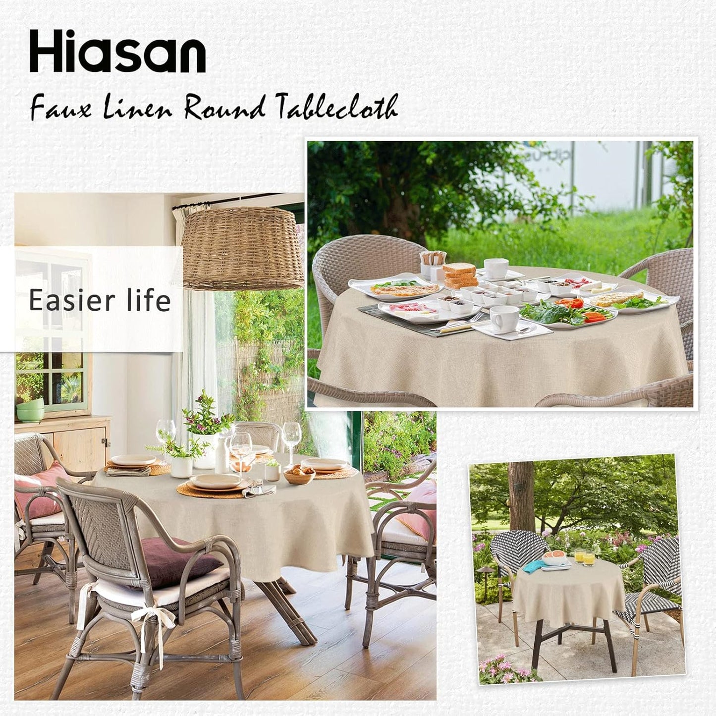 Hiasan Round Linen Tablecloth 90 Inch - Wrinkle and Stain Resistant Washable Polyester Fabric Table Cloth for Dining Room Kitchen Party, Beige