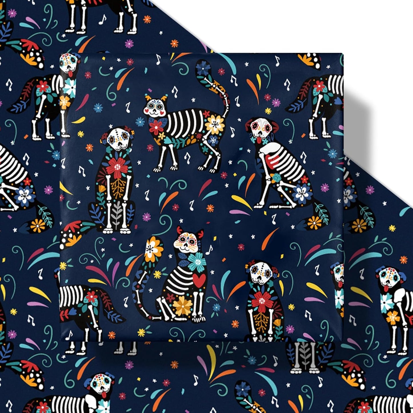 LeZakaa Day of the Dead Wrapping Paper Roll, Colorful Skeleton Dogs Cats with Flowers Music Notes Design in Navy Blue, Día de Muertos Gift Wrap for Friends, Family, Kids, Mini Roll 17 in x 16.4 Ft