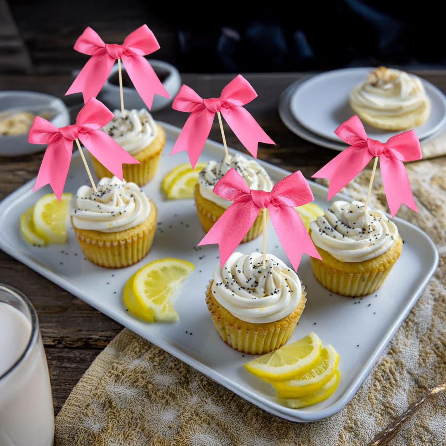 Gyufise 24Pcs Bow Cupcake Toppers Coquette Bow Girls Birthday Cake Decorations Bowknot Cake Toppers Bowknot Cupcake Picks for Baby Shower Birthday Wedding Bridal Engagement Party Supplies Rose Red