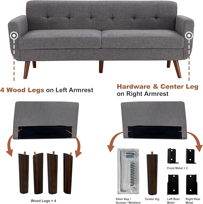 Tbfit 77.2" W Linen Sofa Couch, Mid Century Modern Decor Loveseat Couches - Image 9