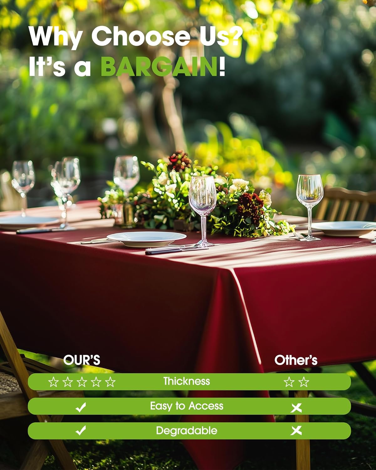 Pureegg Plastic Table Cloth Disposable 10 Pack, 54 x 108 Inch Table Cloths, Party, Thanksgiving Decorations, Harvest, Fall Tablecloths, Rectangle, Maroon Plastic Cover, Leakproof & Sturdy, Burgundy