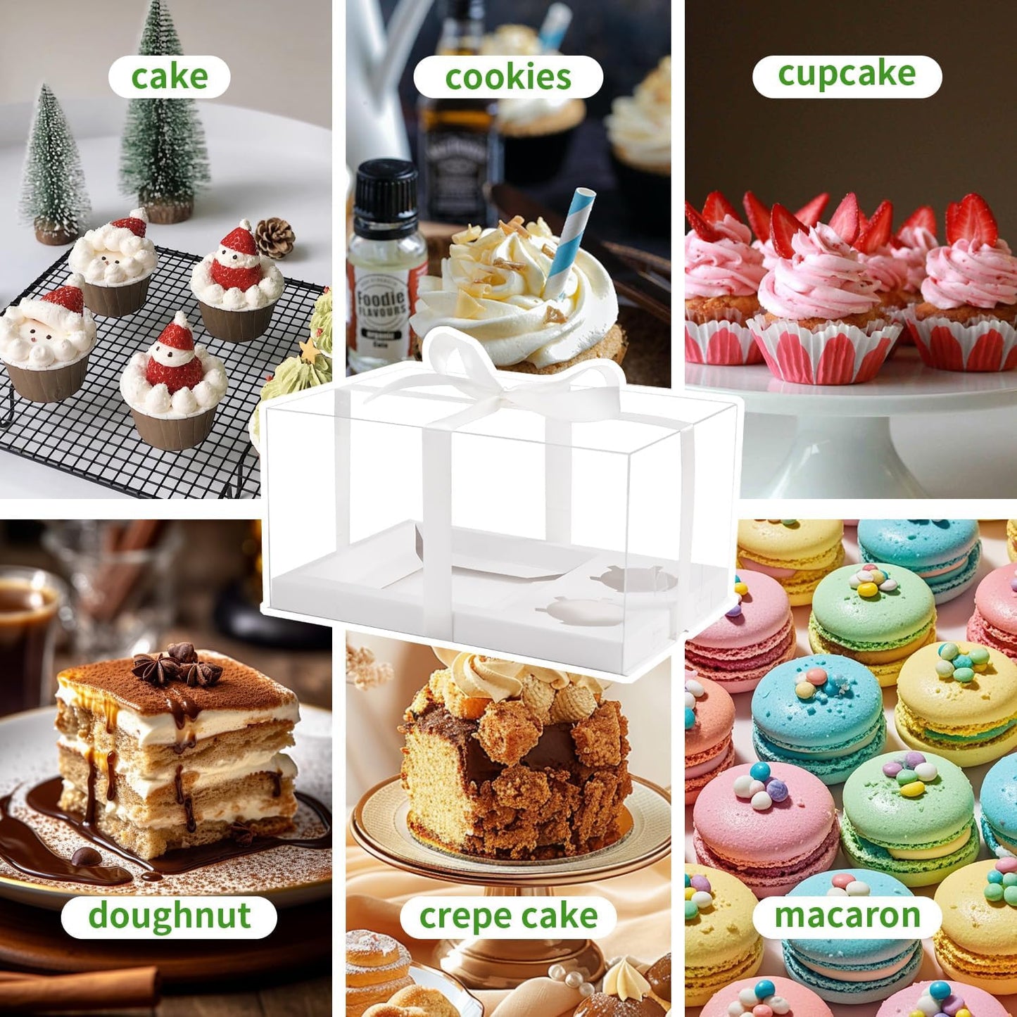 JCD 3 Pcs Cake Cupcake Combo Boxes,1+2 Cupcake carriers 2 Cupcakes Holes - Cakes and Cupcake Clear Boxes - Pastry Sweets Bento Boxes (2 Cupcakes and 1 Cake)(1+2/3Pcs)
