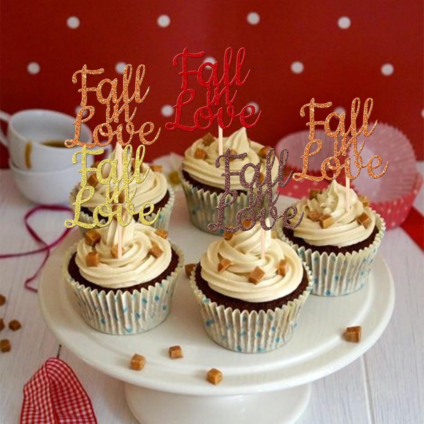 24 PCS Fall in Love Cupcake Toppers Glitter Fall Theme Bridal Shower Cupcake Picks for Autumn Wedding Engagement Anniversary Birthday Party Cake Decorations Supplies Colorful