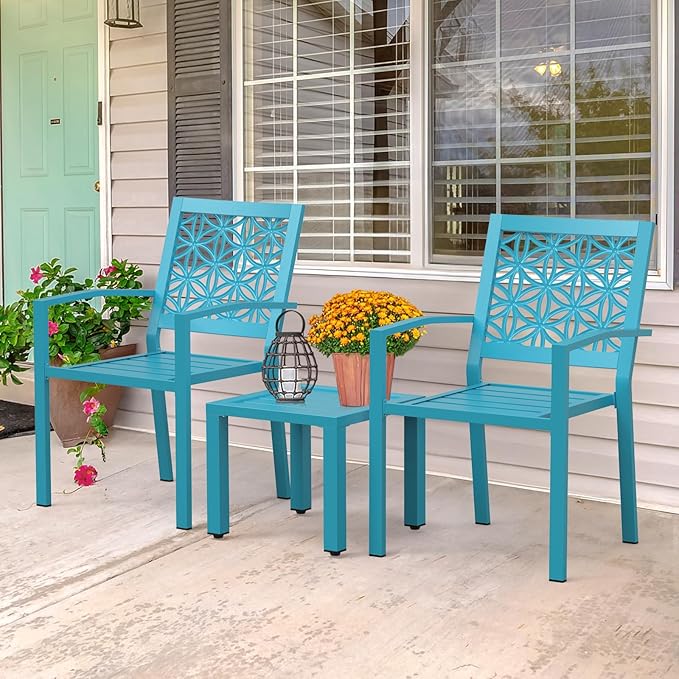 VINGLI 3-Piece Outdoor Bistro Set, Stackable Modern Metal Steel Table and Chairs - Image 8