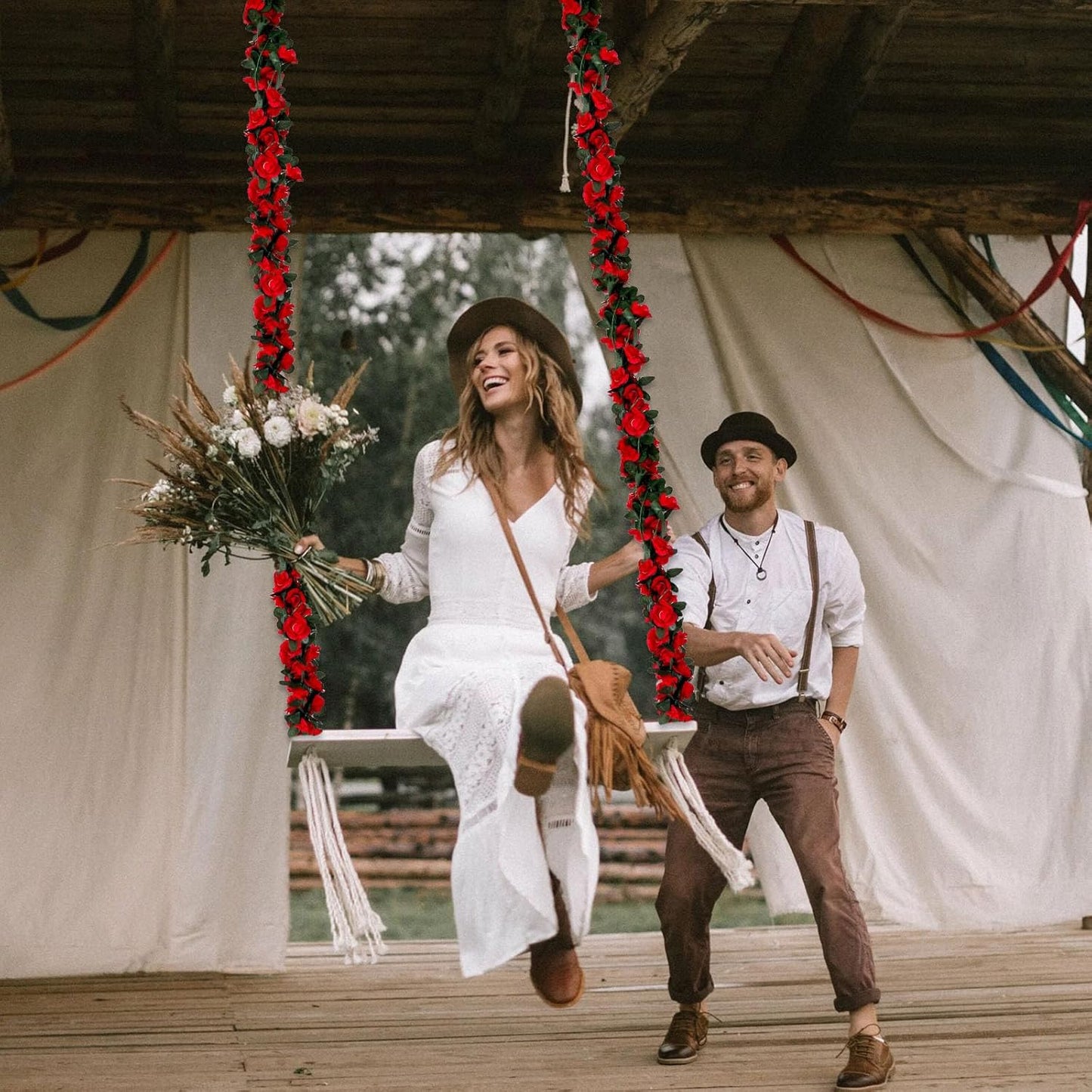 16Pcs 126Ft Red Rose Garland, Fake Rose Hanging Flowers, Artificial Flower Vine, Hanging Floral Vine Garland for Wedding, Birthday Party, Wall Arch, Halloween, Christmas Garden Backdrop Decor