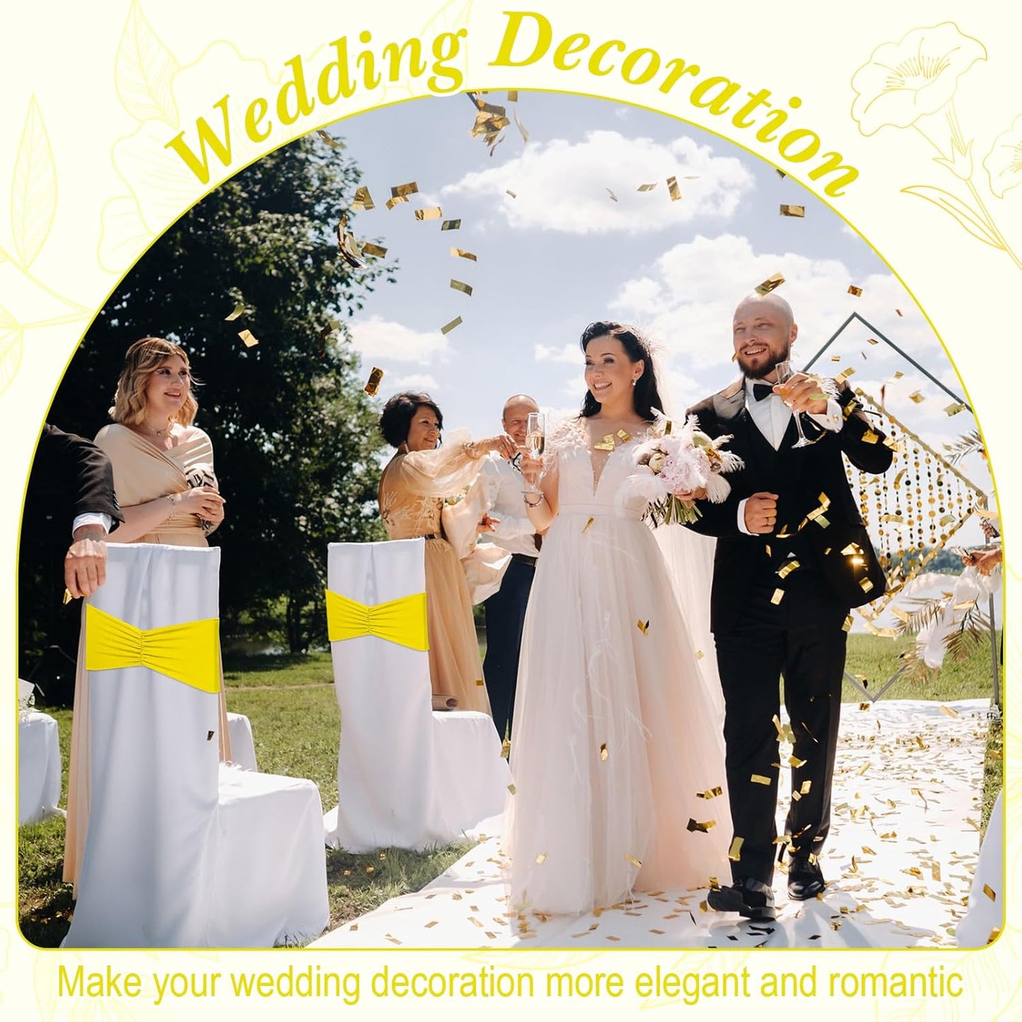 Moukeren 100 Pcs Spandex Chair Sashes Bows Bands Slider Sashes for Chair Covers Elastic Bands Ties Ribbon Decorations for Wedding Party Events Ceremony Birthday Banquet(Yellow)