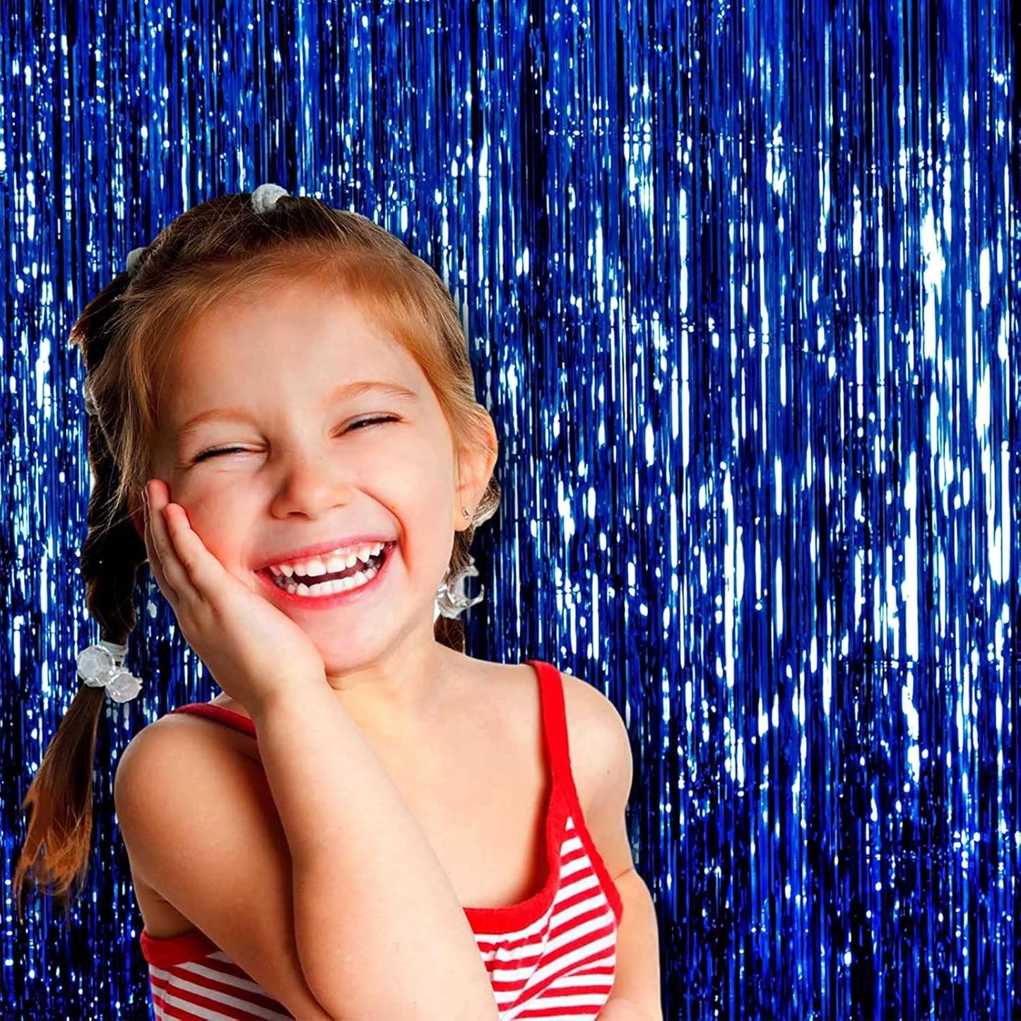 4 Pack Blue Foil Fringe Curtain Backdrop, 3.28Ft x 9.84Ft Metallic Tinsel Streamers for Sea Party, Photo Booth Props, Birthday, 2022 Summer Ocean Theme Party Decoration Supplies