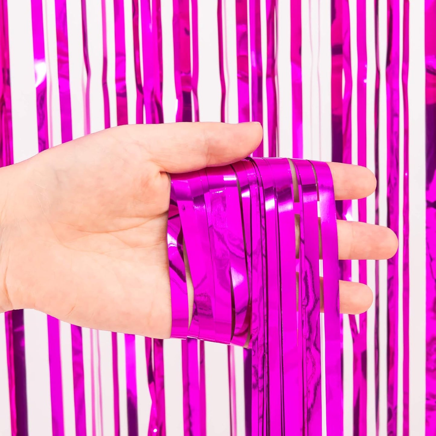 Foil Fringe Curtain Party Decorations - Hot Pink Photo Backdrop Tinsel Steamers Curtains for Tropical Hawaiian Theme Birthdays Christmas Valentine Bachelorette Parties