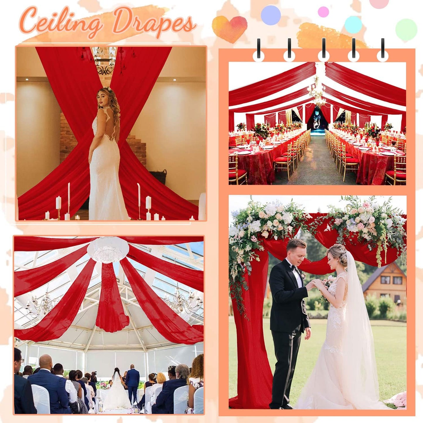 FUHSY Red Ceiling Drapes for Wedding Ceiling Drapes 5x20 FT 4 Panels Ceiling Draping Fabric Wedding Arch Drapery Fabric Sheer Backdrop Curtain Voile Drapes for Ceremony Outdoor Ceiling Decorations