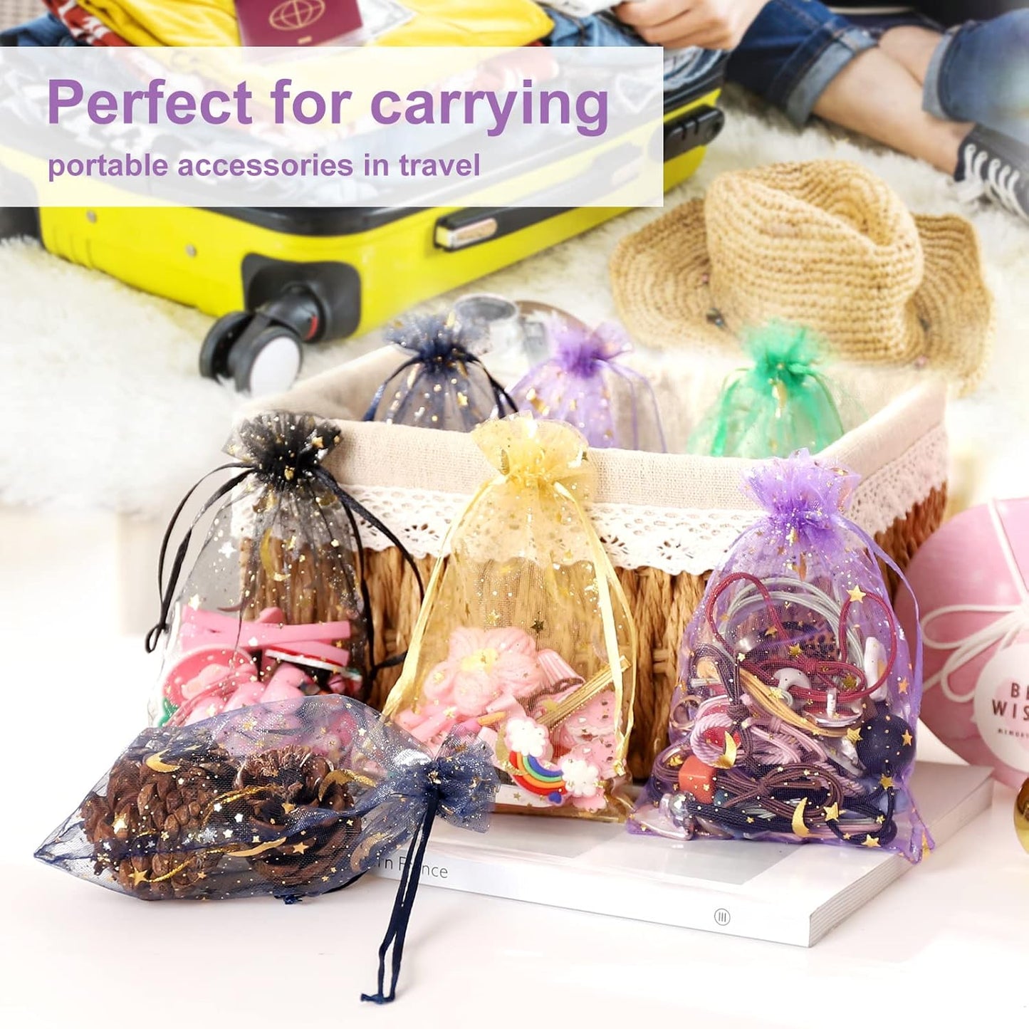 100PCS Moon Star Organza Bags, 4x6" Wedding Favors Bags with Drawstring, Mixed Color Little Mesh Candy Gift Pouches for Party, Jewelry, Christmas, Festival, Eid Mubarak Party Favor Bags