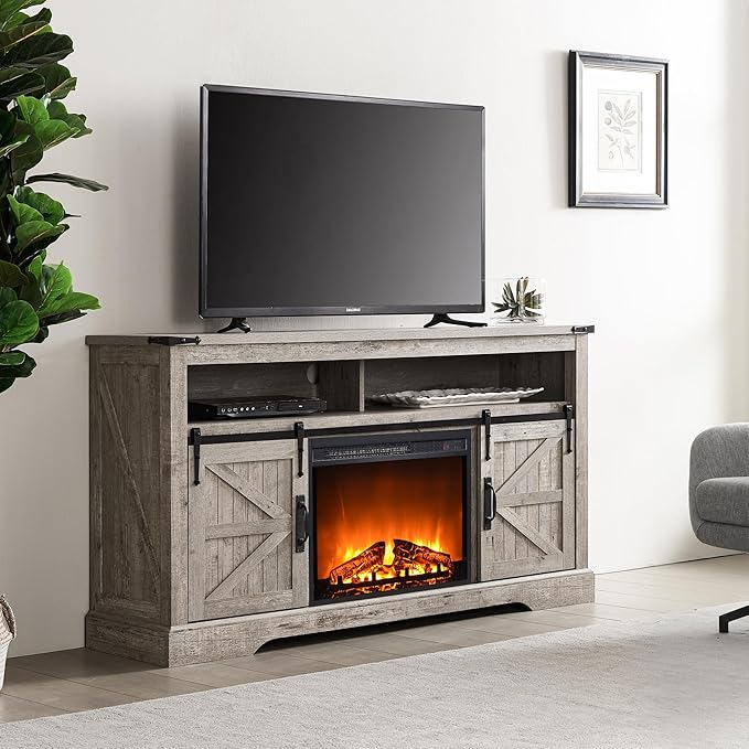 OKD Fireplace TV Stand for 65+ Inch TV, Rustic Media Console w/Sliding Barn - Image 7