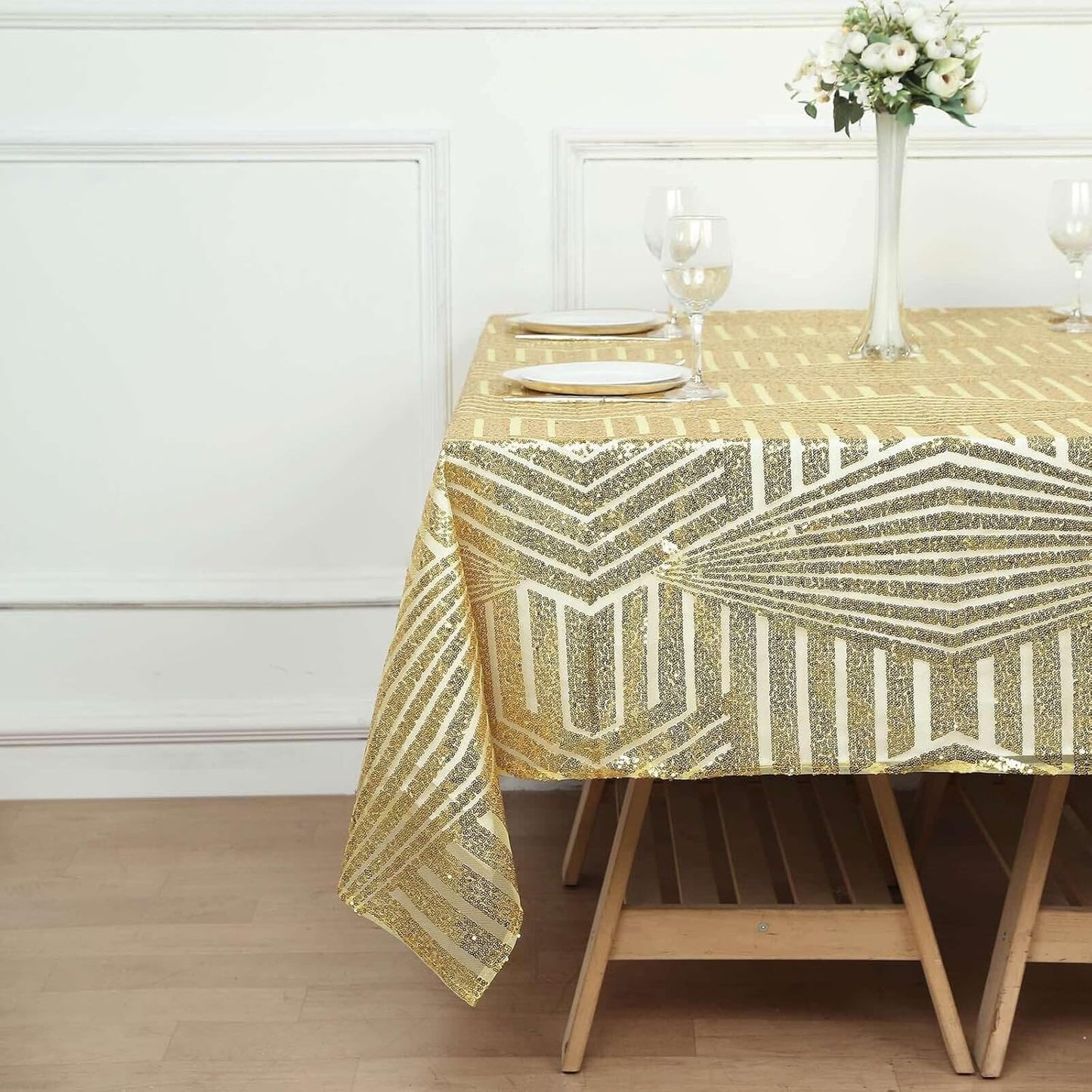 Efavormart 72" Gold Sparkly Sequin Geometric Tulle Square Table Overlay