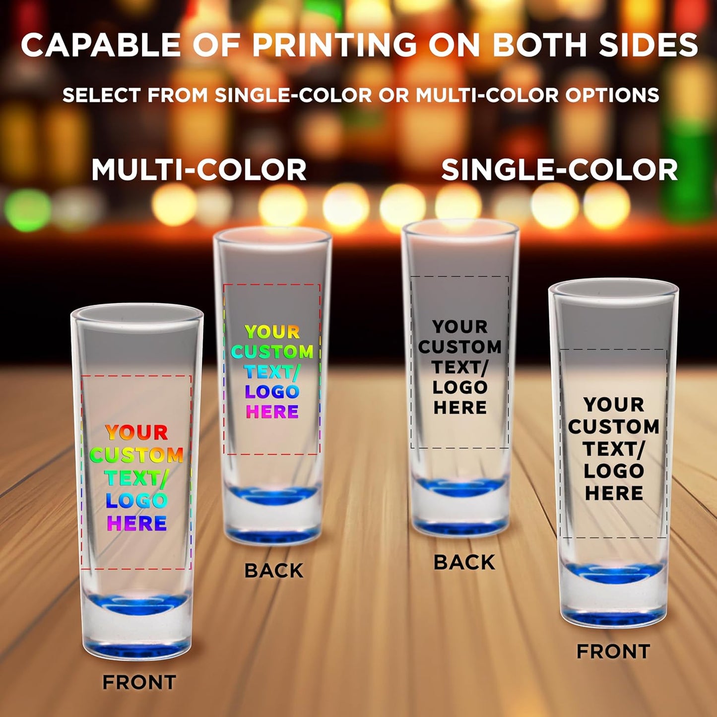 Custom Cordial Shooter Shot Glasses 2 oz. Set of 100, Personalized Bulk Pack - Great for Birthdays, Parties, Indoor & Outdoor Events - Blue