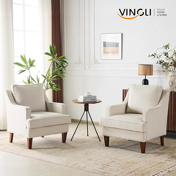 VINGLI Beige Accent Chair, Mid Century Modern Chairs, Upholstered Armchair - Image 9