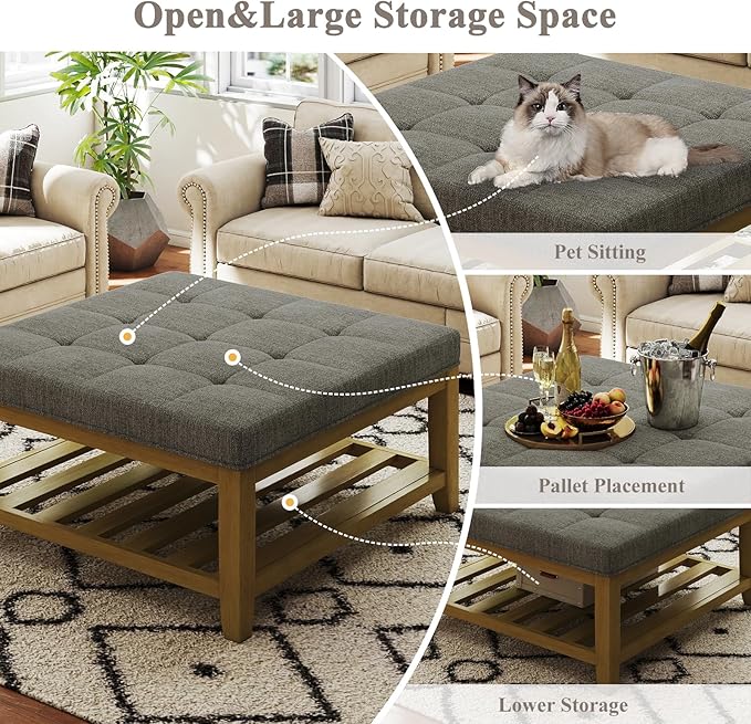 Befurtori Large Square Ottoman Coffee Table, Linen Solid Upholstered Footrest - Image 6