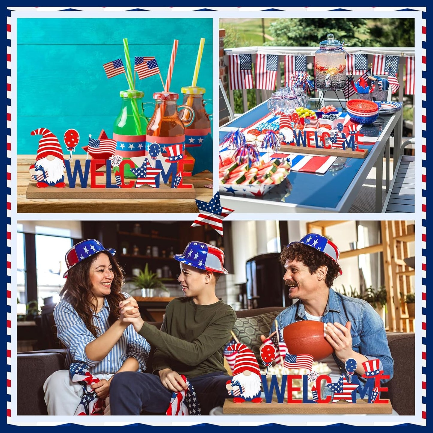 Patriotic/ 4th of July Metal Sign Rustic Table Decor Holiday Tiered Tray Decor with Wooden Base Freestanding Metal Word Sign for Home Tabletop Centerpiece Mantel Shelf Fireplace