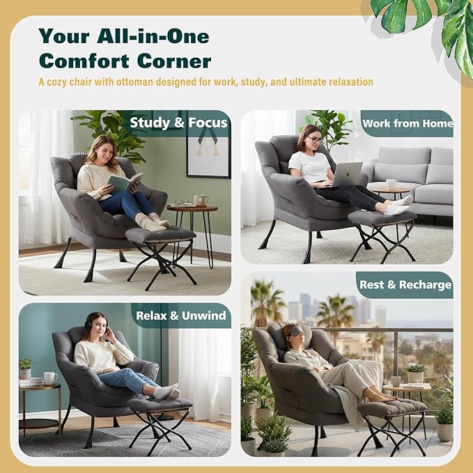 Lazy Chair with Ottoman, Large Accent Chair with Ottoman and a Throw Pillow - Image 9