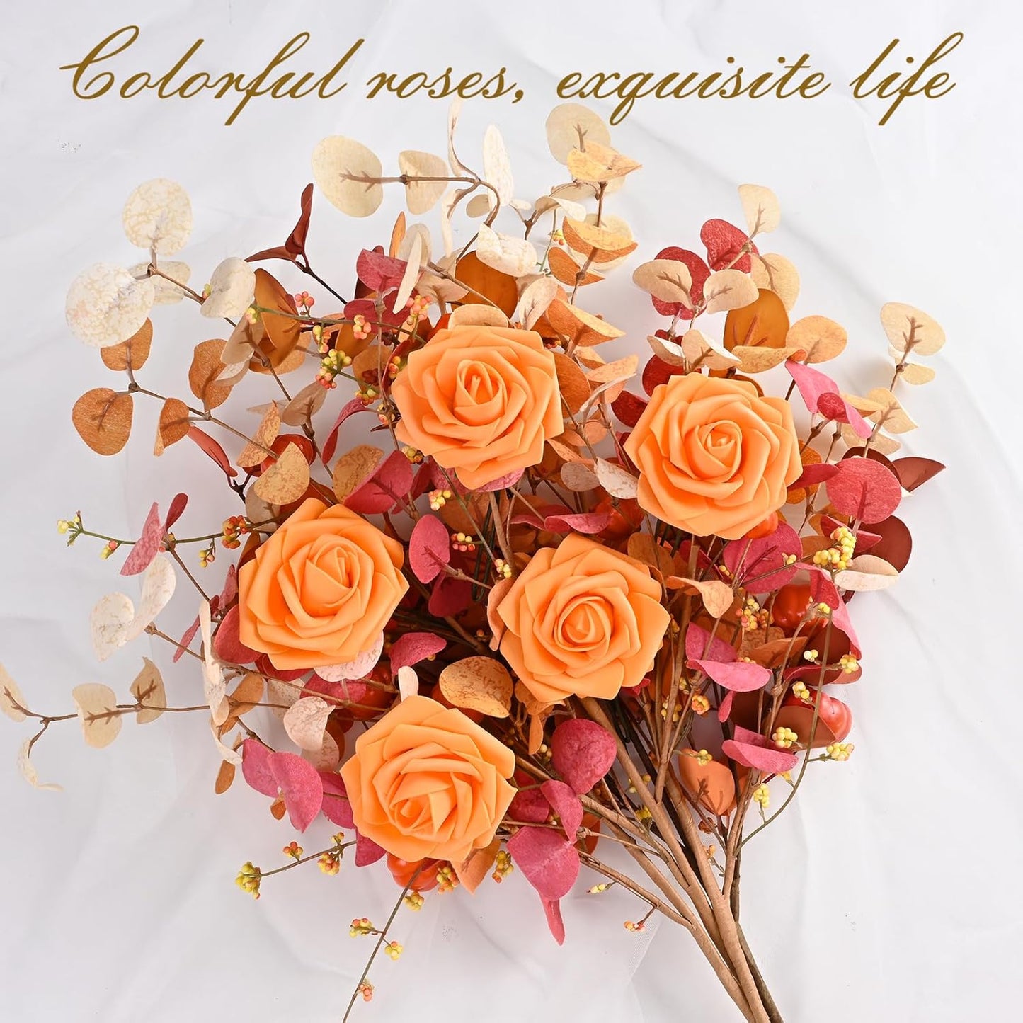 BLEUM CADE 16Pcs Artificial Flowers Fake Roses with Stems, Orange Boxed Foam Roses for DIY Bouquets Centerpieces Wedding Party Arrangement Bridal Shower Decor