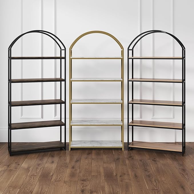 Nathan James Haven Etagere Bookshelf, 5-Shelf Bookcase in Nutmeg Wood and Black - Image 8