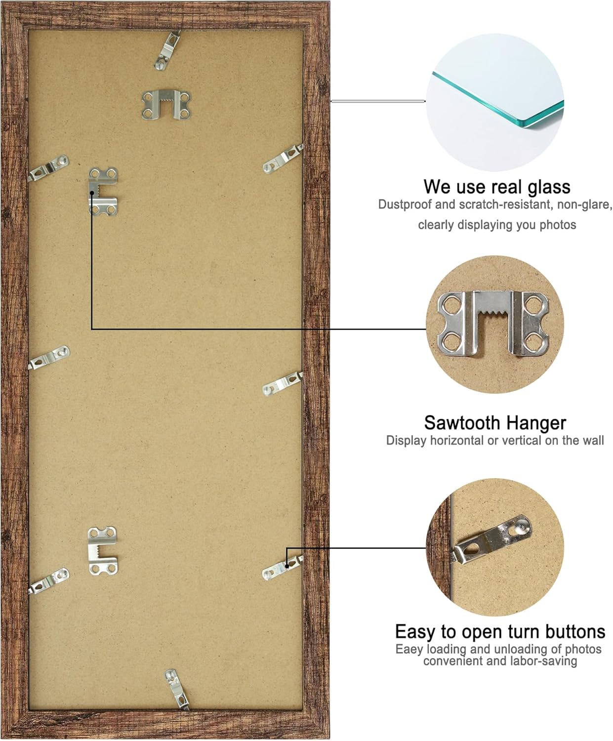 8x20 Picture Frame Set of 2, Rustic Brown Wood Frame with Tempered Glass Collage Frame, Display Pictures Four 4x6 With Mat or 8 x 20 Without Mat - Horizontal or Vertical Wall Mounting