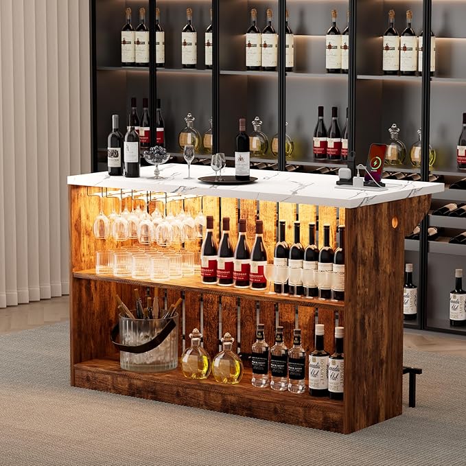 Home Bar Unit with LED Lights and Charging Station, Imitation Marble Mini - Image 9
