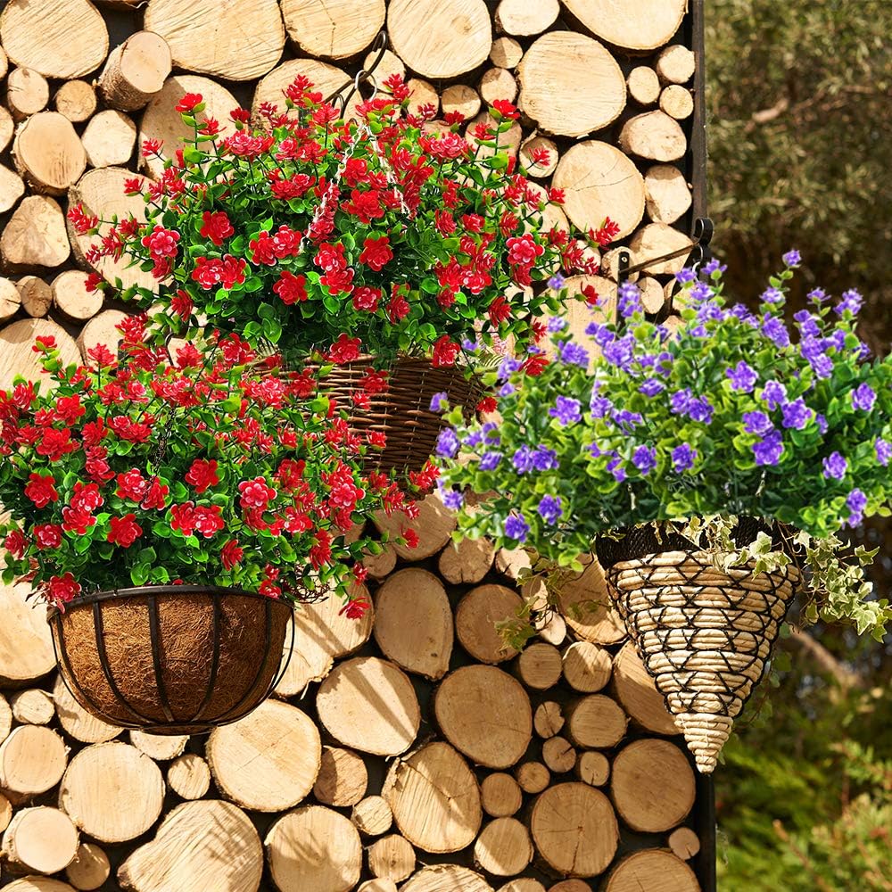 10 Bundles Artificial Fake Flowers, Faux Outdoor Plastic Plants UV Resistant Shrubs Outside Indoor Decorations (Red-Eucalyptus)