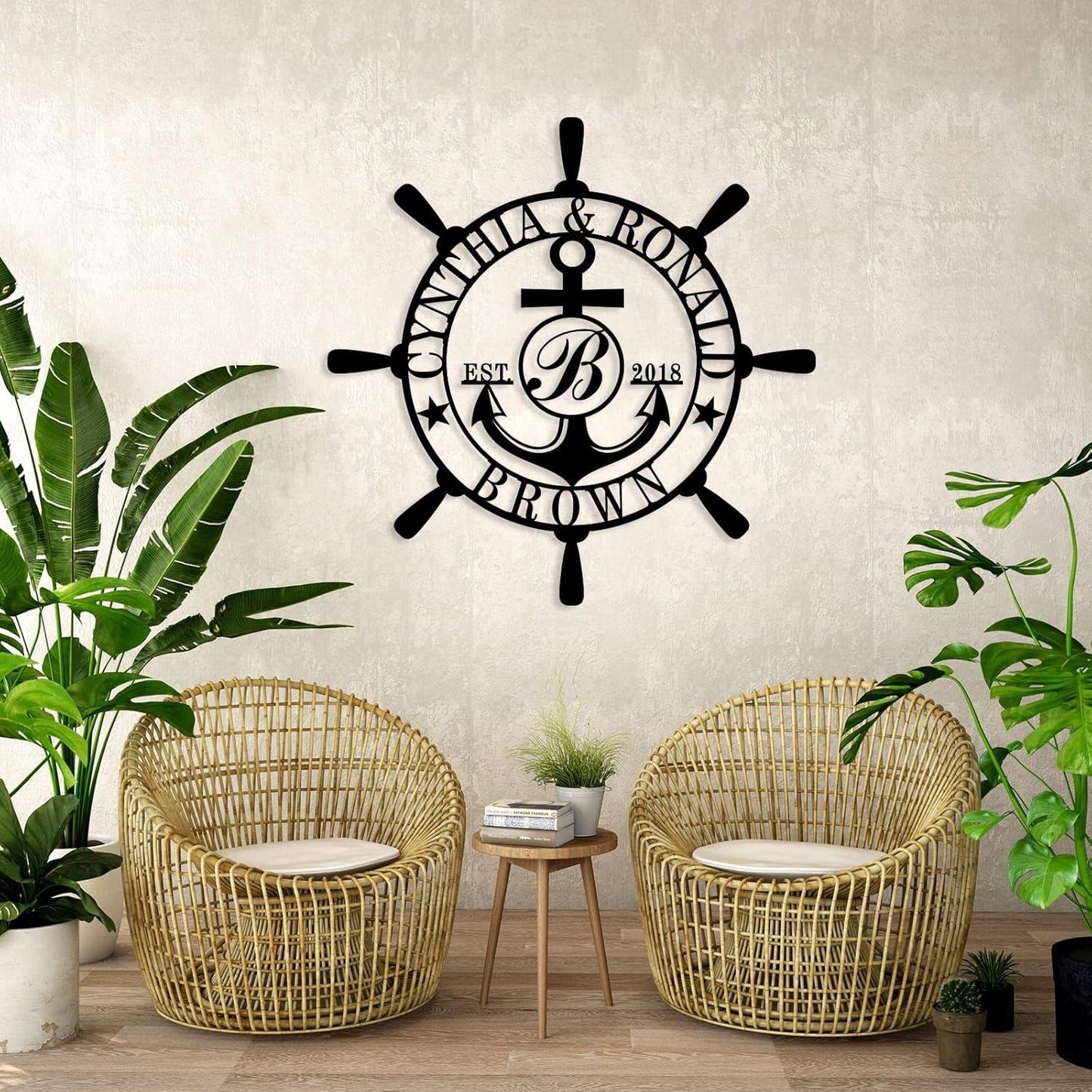Customized Family Name Sign, Nautical Wall Decor, Anchor Compass Metal Sign, Initial Split Letter Monogram Sign, Last Name signs, Personalized Housewarming Gift