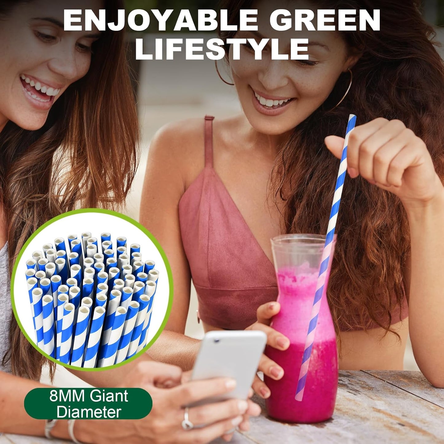 12 Inch Disposable Paper Drinking Straws Large and Tall, 8mm Wide - for Long Drinks, Smoothies, Milkshakes - Blue, 100 Counts - Eco-friendly