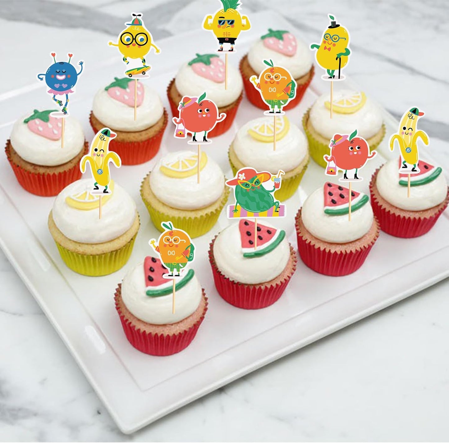 24pcs Fruit Cupcake Toppers Anthropomorphic Fruit Theme Kawaii Watermelon Apple Banana Lemon Pineapple Strawberry Cupcake Picks for Kid Baby Shower Summer Decorations