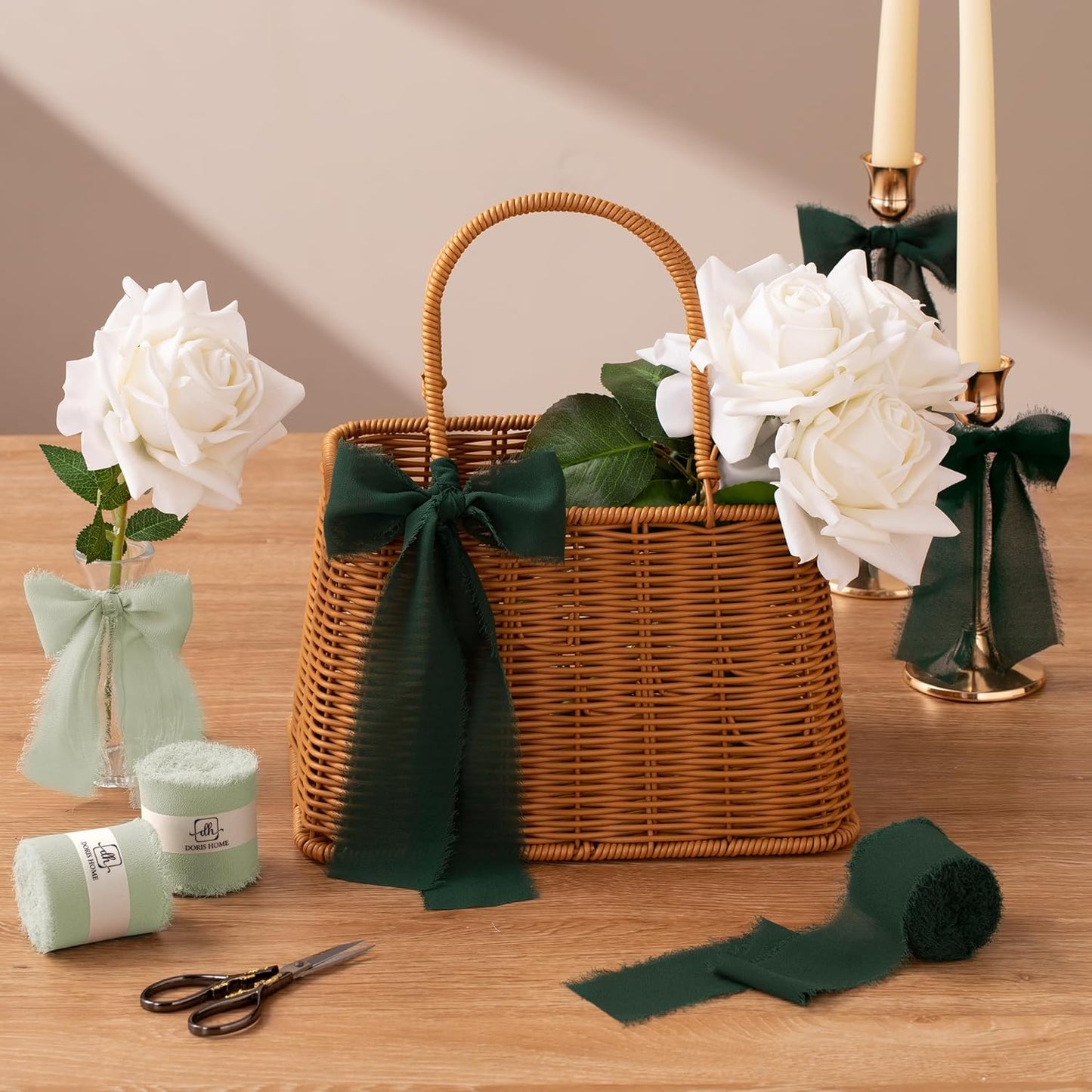 DORIS HOME Dark Green Chiffon Ribbon for Flower Bouquet, 2" x21Yd Fabric Ribbon for Gift Wrapping, Handmade Frayed Ribbon for Wedding/Christmas Decorations