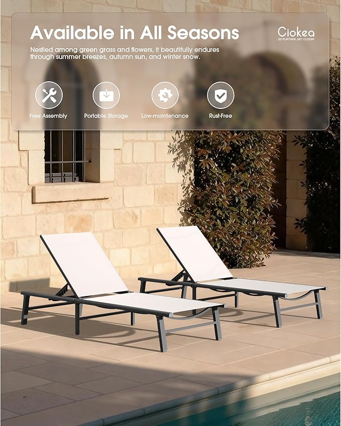 Ciokea Foldable Outdoor Lounge Chair Set of 2, No Assembly Aluminum Chaise - Image 8
