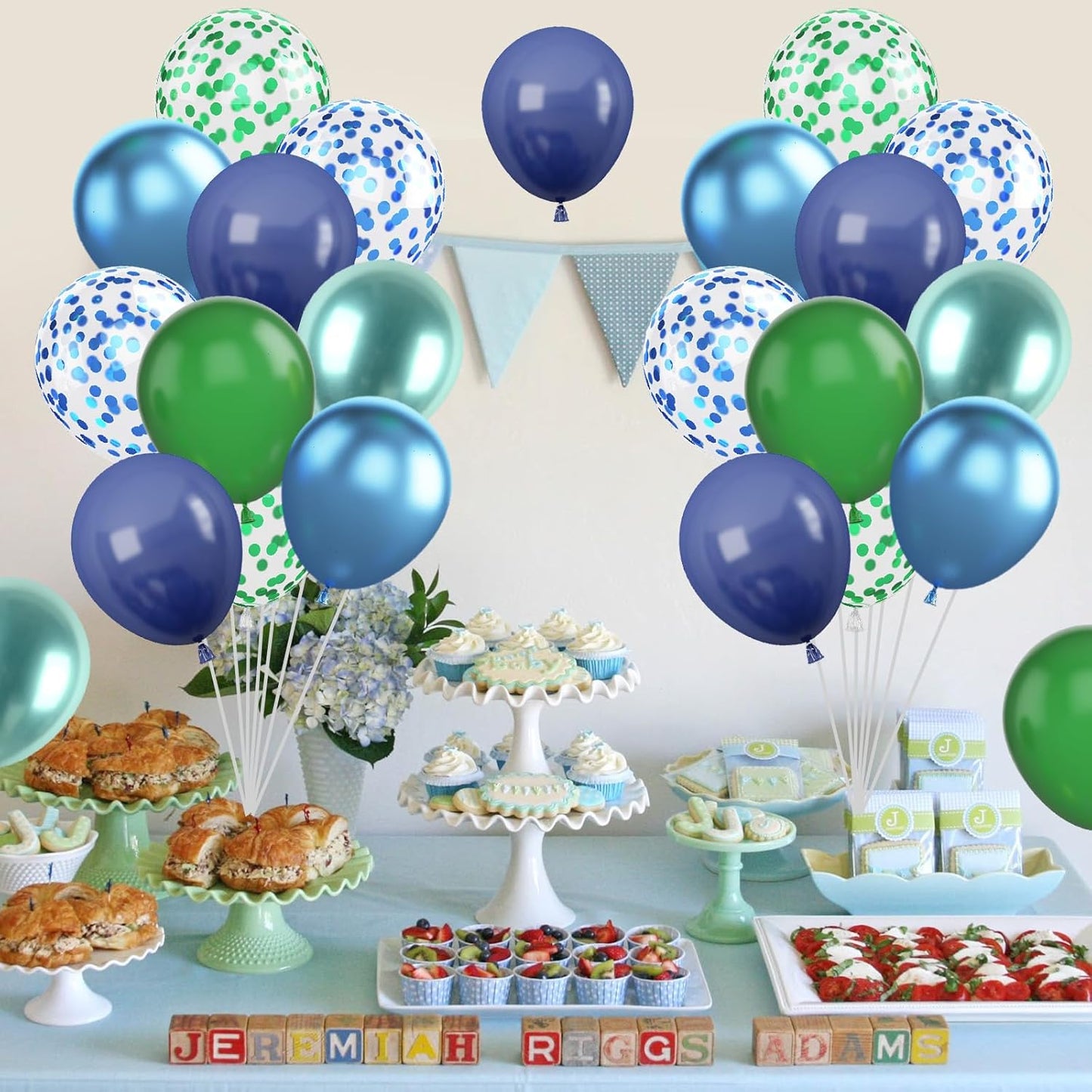 Blue and Green Balloon Set, 12 Inch Navy Blue Dark Green Balloons Metallic Chrome Ballons, Confetti Green Blue Balloons for Jungle Safari Theme Boys Birthday Party Decorations