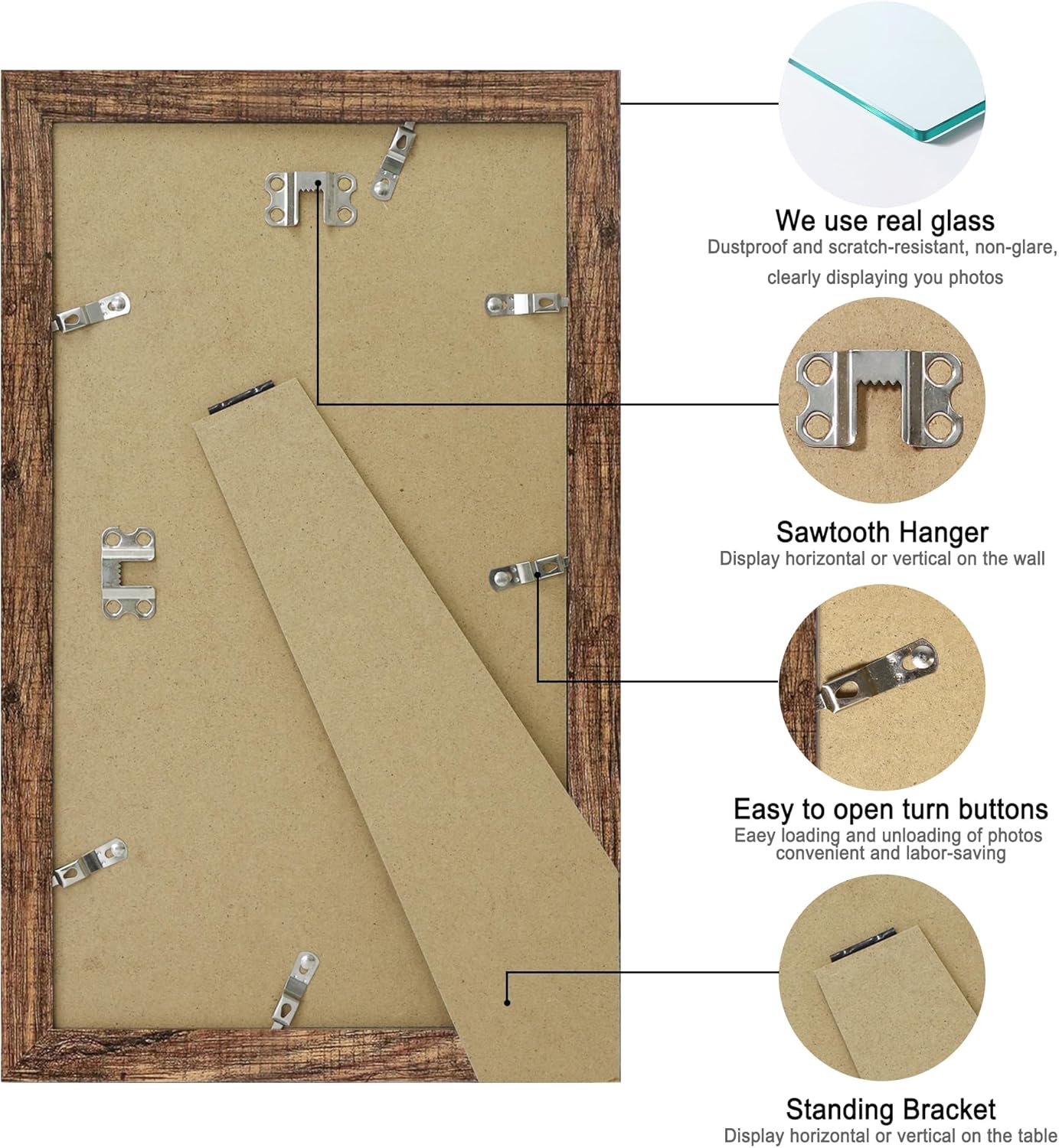 8x14 Picture Frame Set of 2, Rustic Brown Wood Frame with Glass Collage Frame, Display Pictures 3-4x6 With Mat or 8 x 14 Without Mat - Horizontal or Vertical Wall Mounting