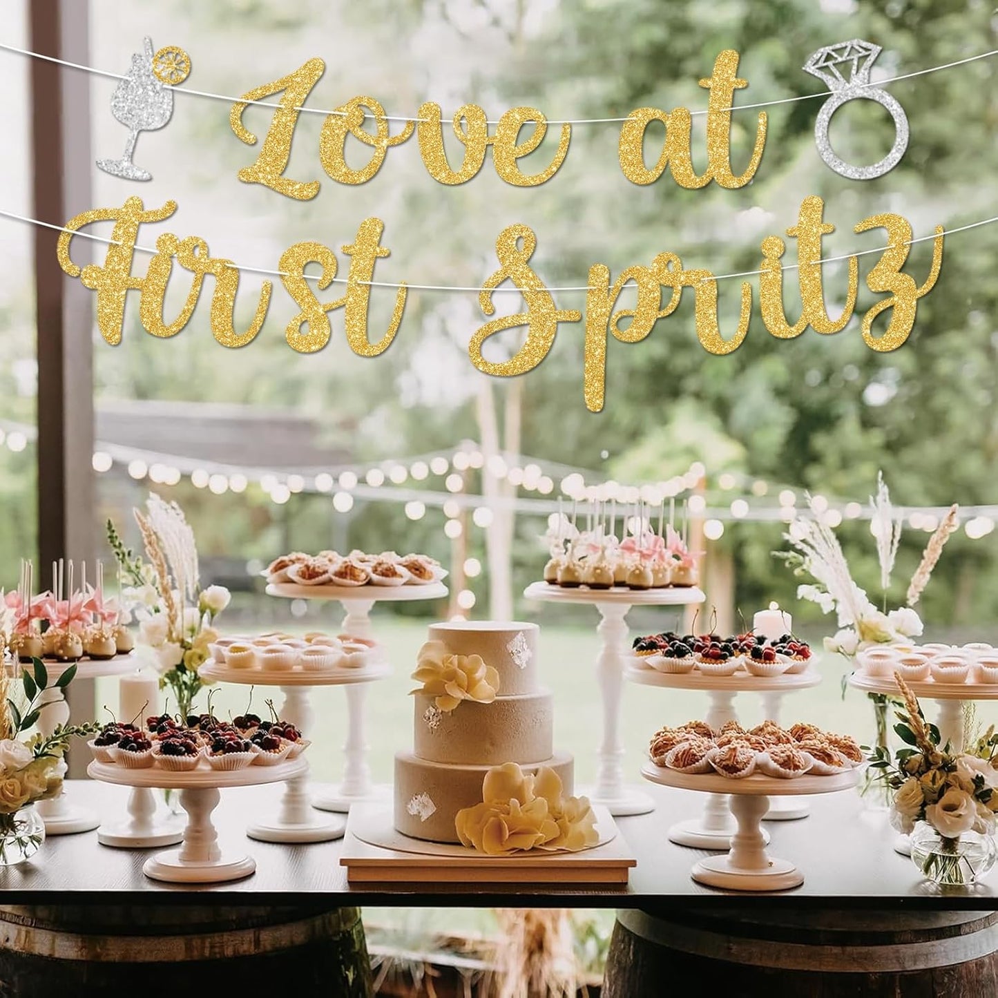 Love At First Spritz Wedding Banner - Bridal Shower Decorations, No Diy, Glitter Just Engaged Spritz Party Banners for Wedding/Engagement/Bachelorette Party Decorations Supplies, Gold.