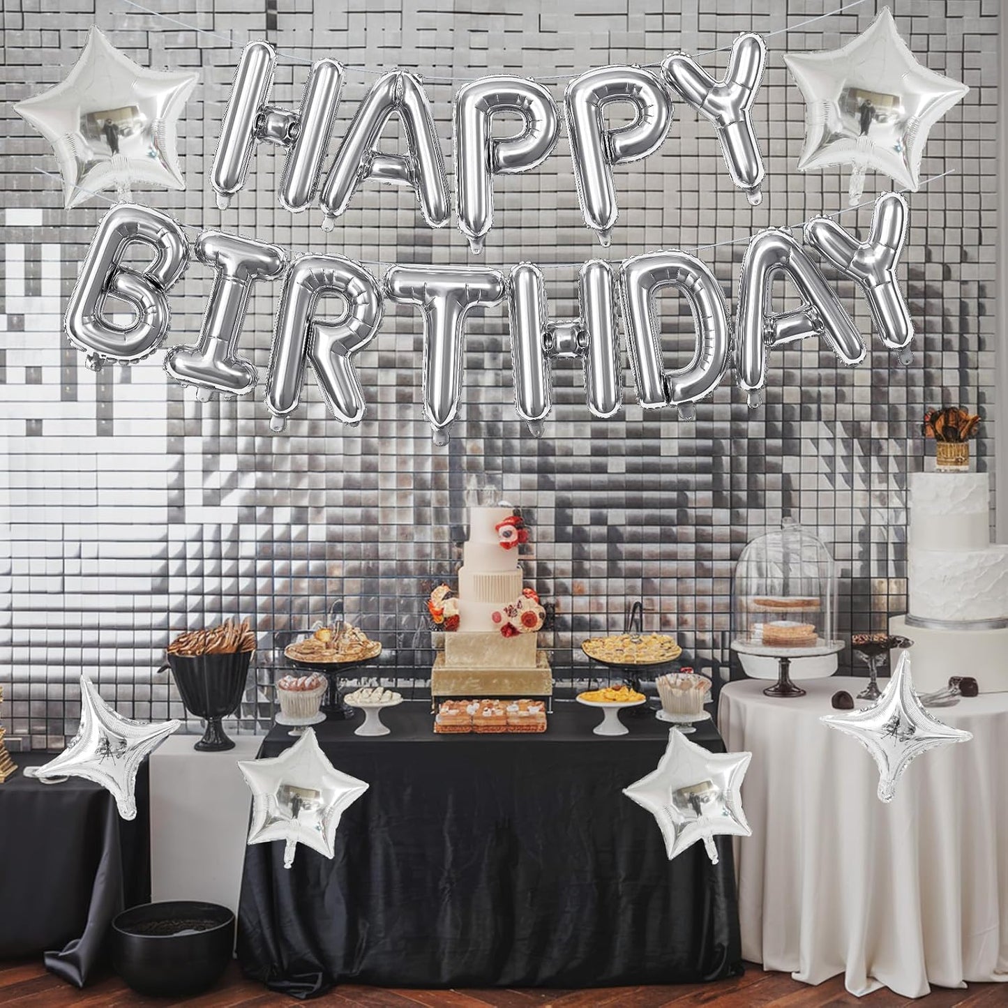 Silver Happy Birthday Balloon Banner, 16 Inch Mylar Foil Letter Balloons, Reusable Birthday Decorations with Silver Star Foil Balloons, Inflatable Party Supplies for Men Women Boys Girls Decoration