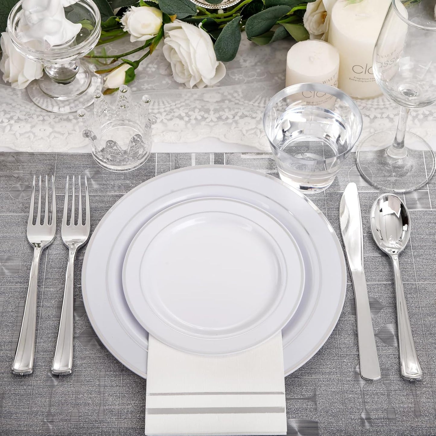 NOCCUR 700PCS Silver Plastic Plates Disposable for 100 Guests - Include 100 Dinner/Dessert White Plastic Plates with Silver Trim,300 Cutlery,100 Cups,100 Napkins for Party&Christmas