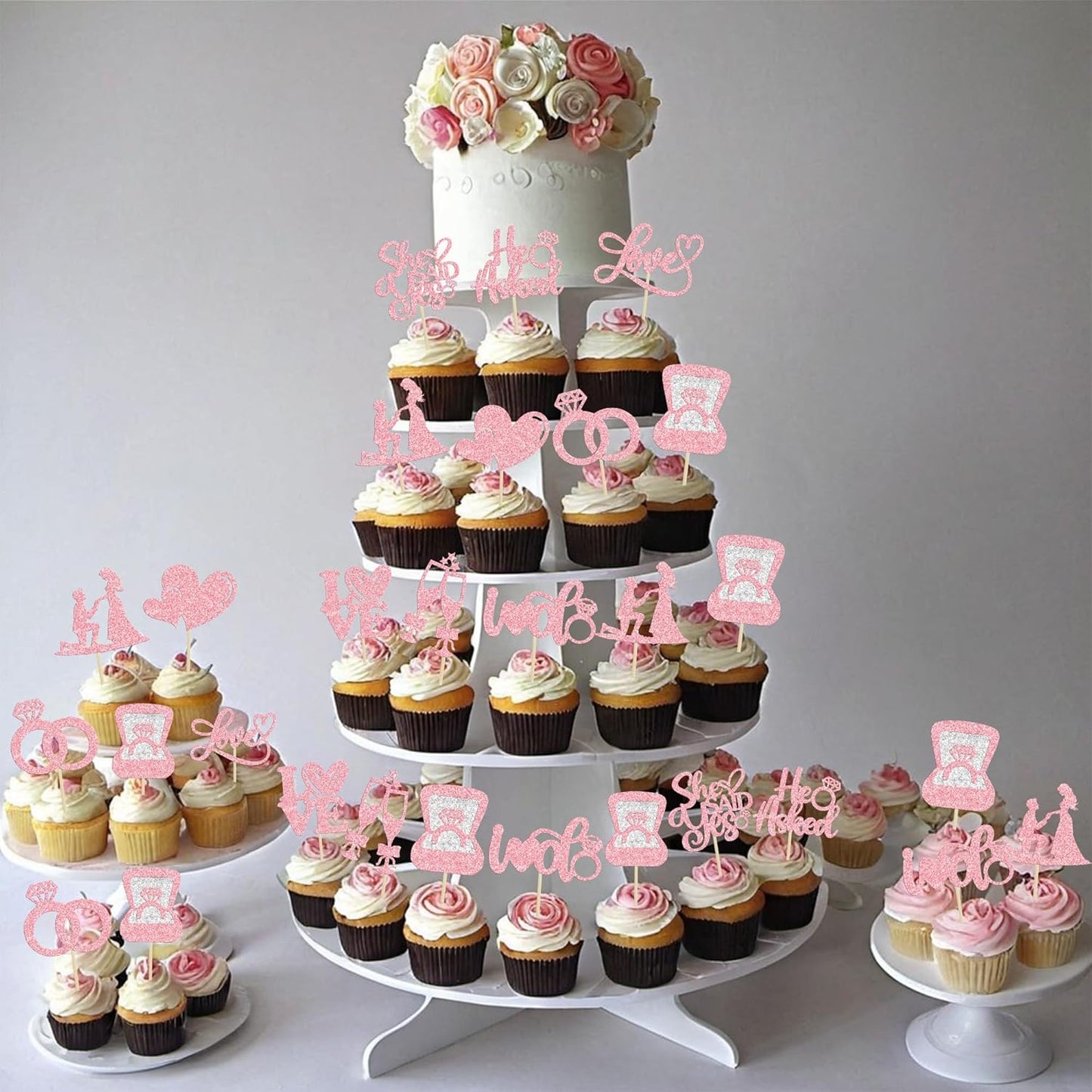 Ephlyn 30Pcs He Asked She Said Yes Cupcake Toppers Glitter Engagement Cupcake Toppers Diamond Ring Heart Love I Do Cupcake Picks for Engagement Wedding Party Cake Decorations Pink