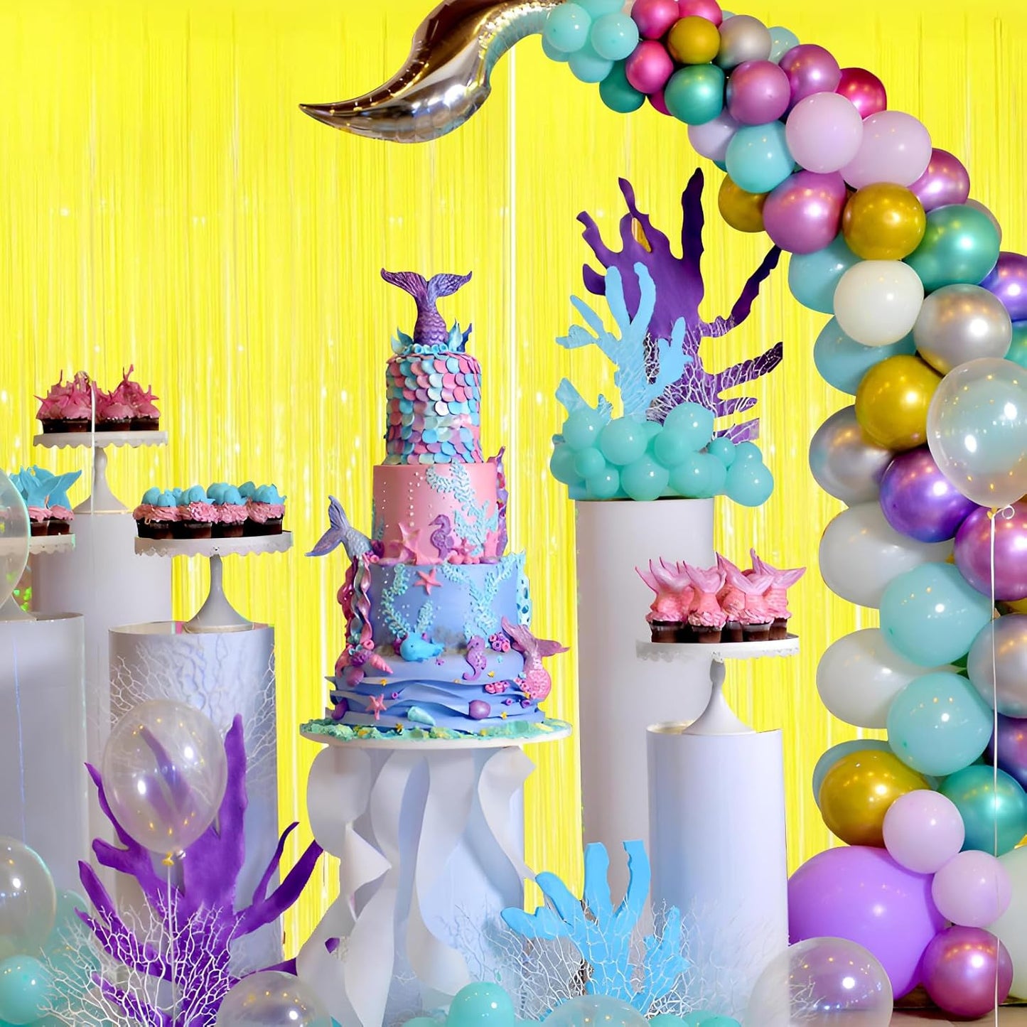 Keyali 2 Pack 3.3 * 8.3 ft Foil Curtain Metallic Tinsel Fringe Curtains Photo Booth Props Backdrop for Birthday Wedding Engagement Baby Shower Christmas Holiday Celebration Party,Macaron Yellow