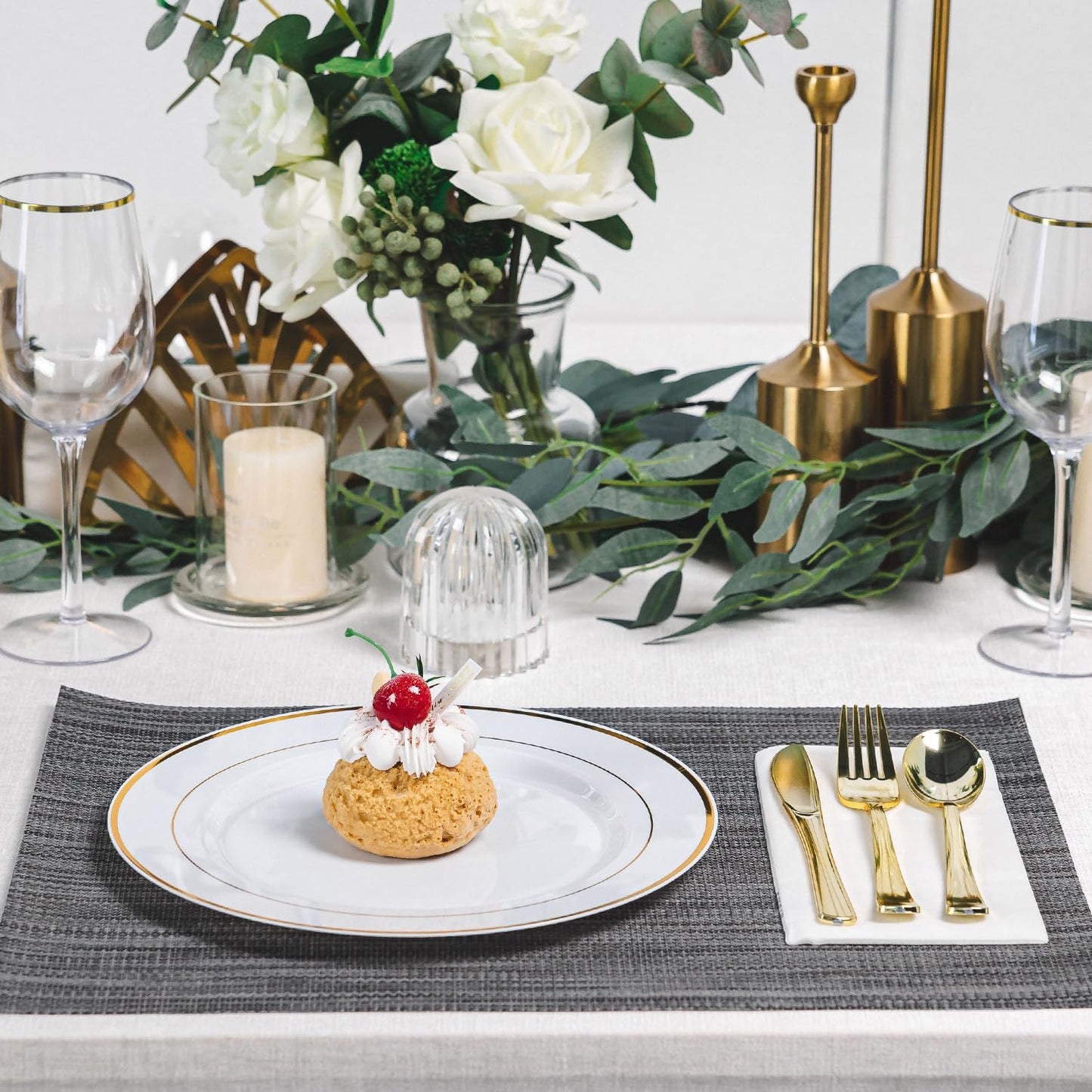 N9R 100PCS Gold Plastic Plates, 10.25 inch White Disposable Dinner Plate with Gold Rim, Heavy Duty Plates for Party Wedding and Birthday