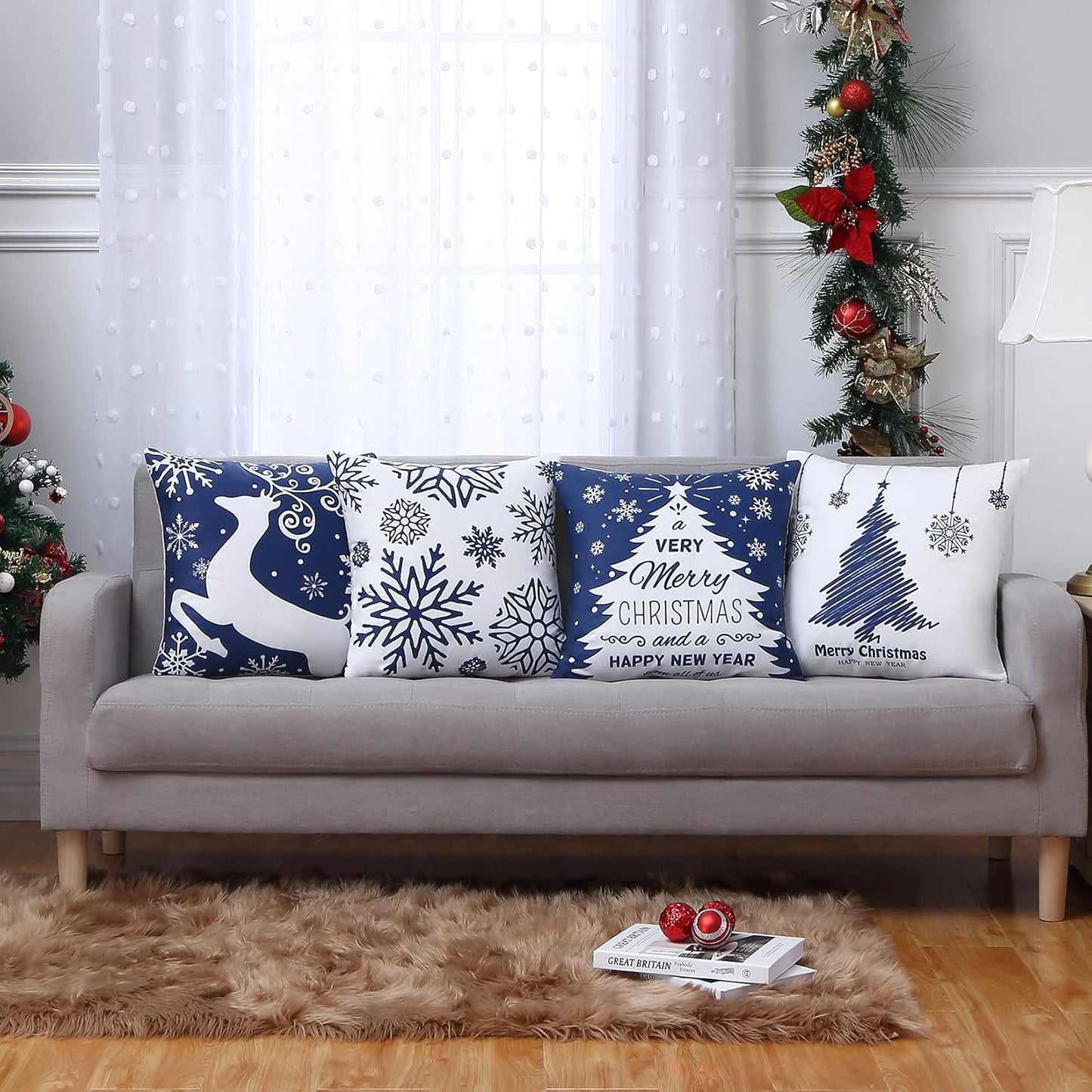 Christmas Pillow Covers 20X20 Set of 4 Navy Blue white Christmas Decorations Merry Christmas Snowflake Throw Pillow Covers Deer Xmas Tree Decor