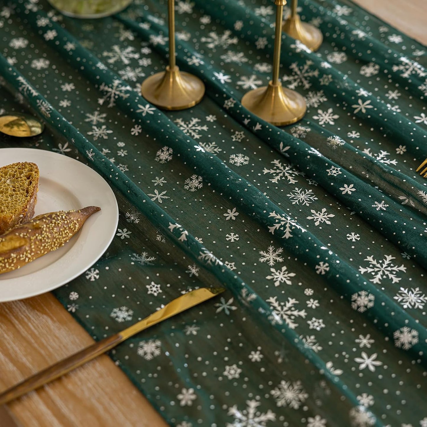 Silvery Snowflake Metallic Print Tulle Christmas Table Runner, Seasonal Winter Kitchen Dining Table Decoration for Home Party Decor 35x120 Inch (Green)