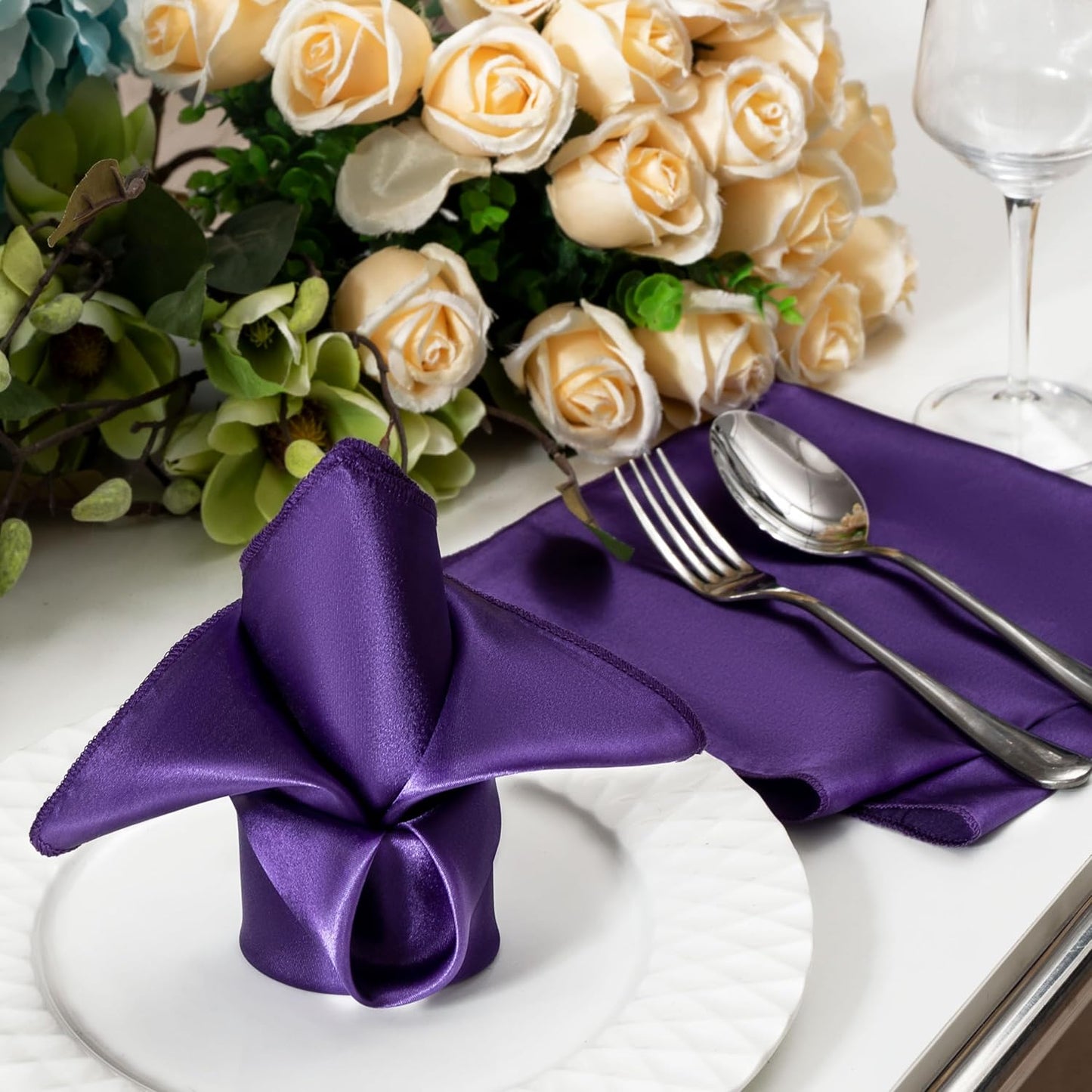36 Pack Square Satin Dinner Napkins, 16x16 Inches Silky Soft Smooth Table Cloth Napkins for Restaurant Weddings Banquet Party Decoration, Purple
