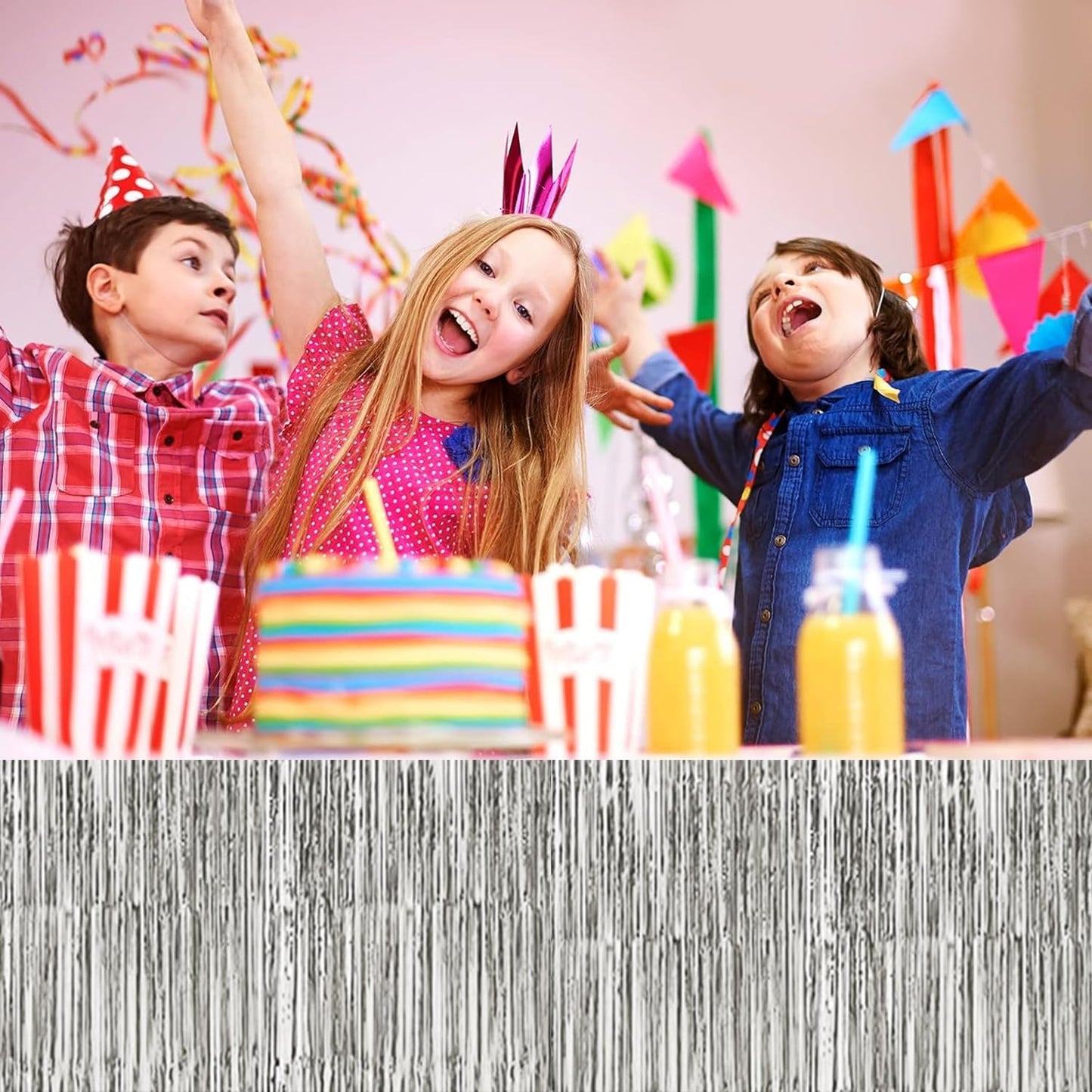 4P Metallic Foil Fringe Tinsel Table Skirts for Rectangle Tables Backdrop Banner Tinsel Streamer Garland Curtains for Parade Floats Wedding Graduation Anniversary Birthday Parties Decoration (Silver)