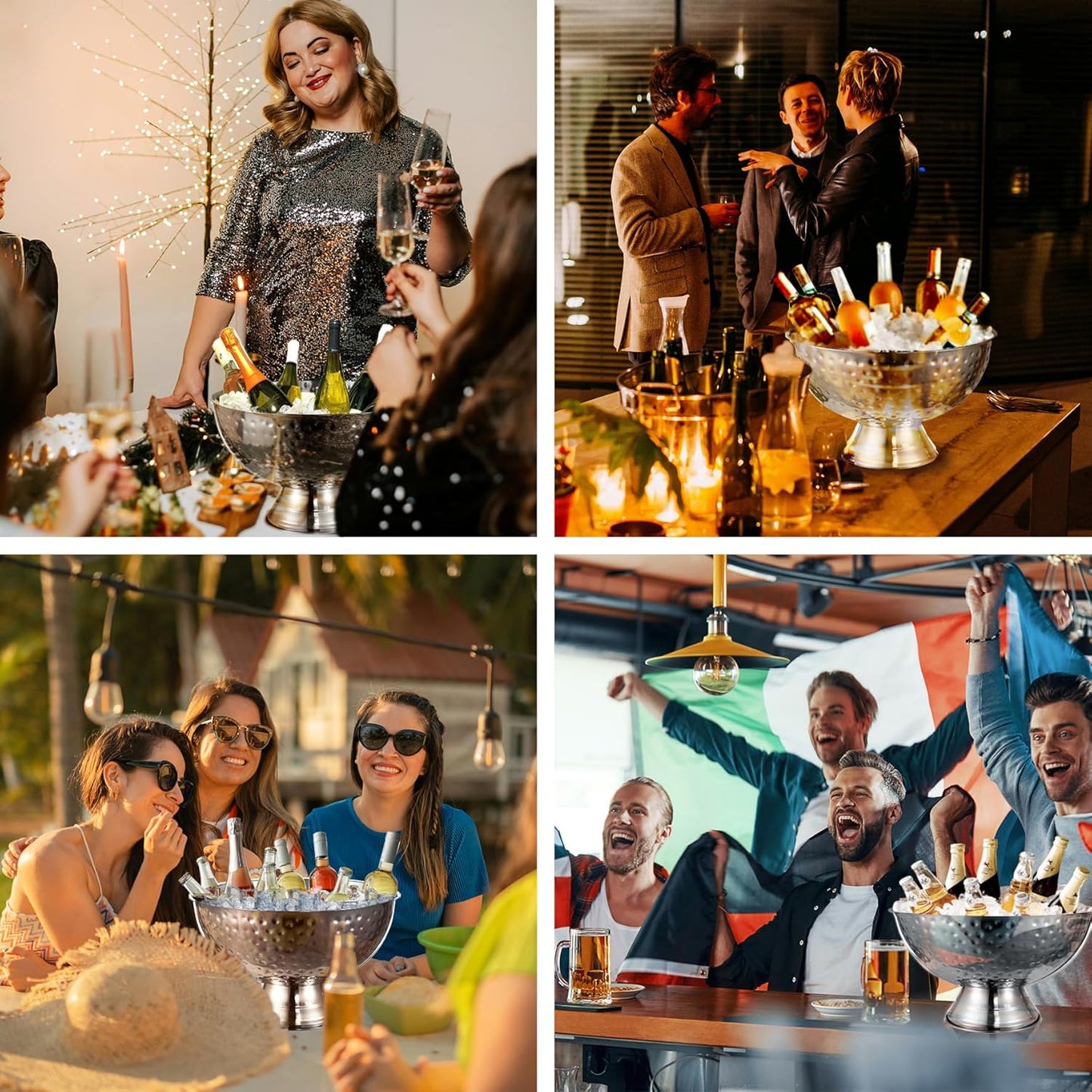 12L Hammered Large Ice Bucket for Parties - 16"x16"x10" Huge Punch Bowl with Ladle - Stainless Steel Bucket for Cocktail Bar - Lightweight Champagne Bucket with Scoop