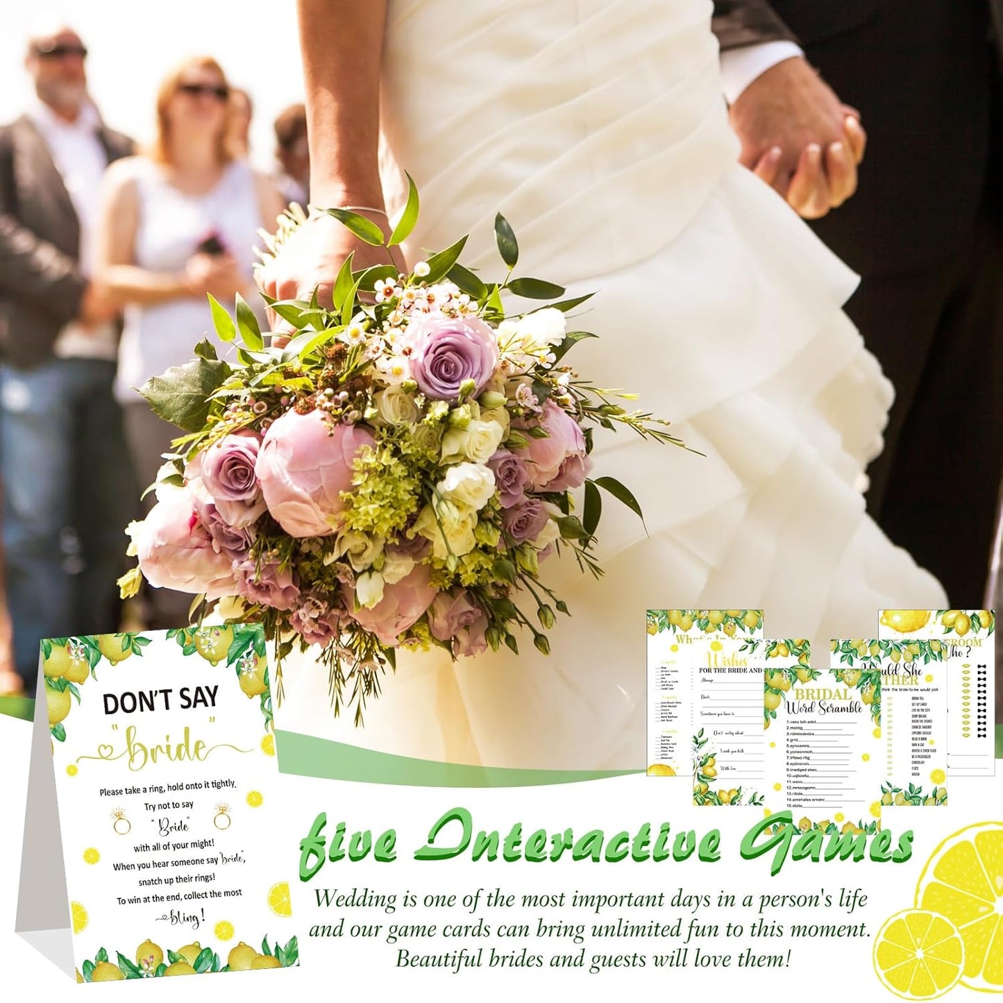 Estune 331 Pcs Bridal Shower Games Supplies, 5 Sets 250 Pcs Wedding Cards 1 Put a Ring on It Bridal Shower Games with 60 Rings and 20 Pencils(Lemon Style)