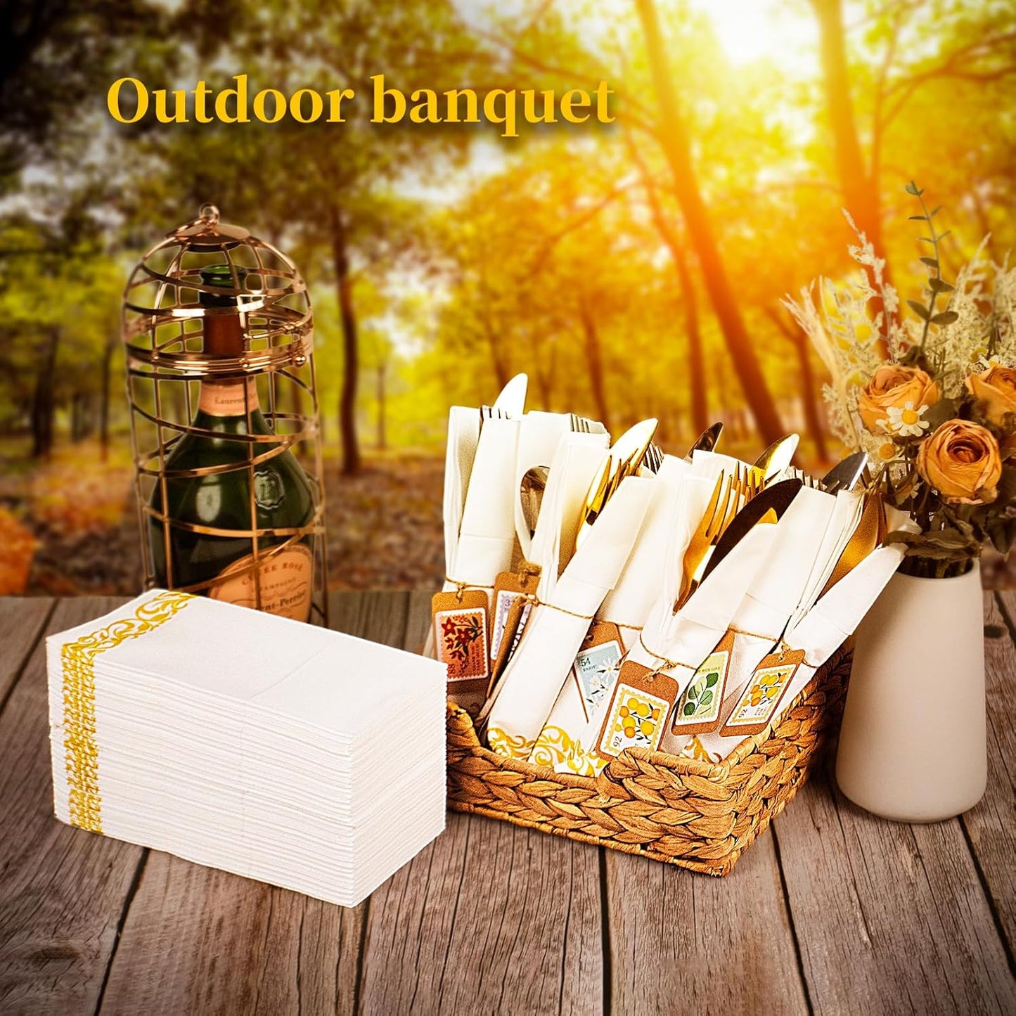 KAMMAK White Dinner Paper Napkins with Pocket Disposable 100 Pack Yellow Trim Linen Feel Wedding Reception Napkins Hand Paper Towels Folded Lunch Napkins for Party, Bathroom (16 x 16 inch)