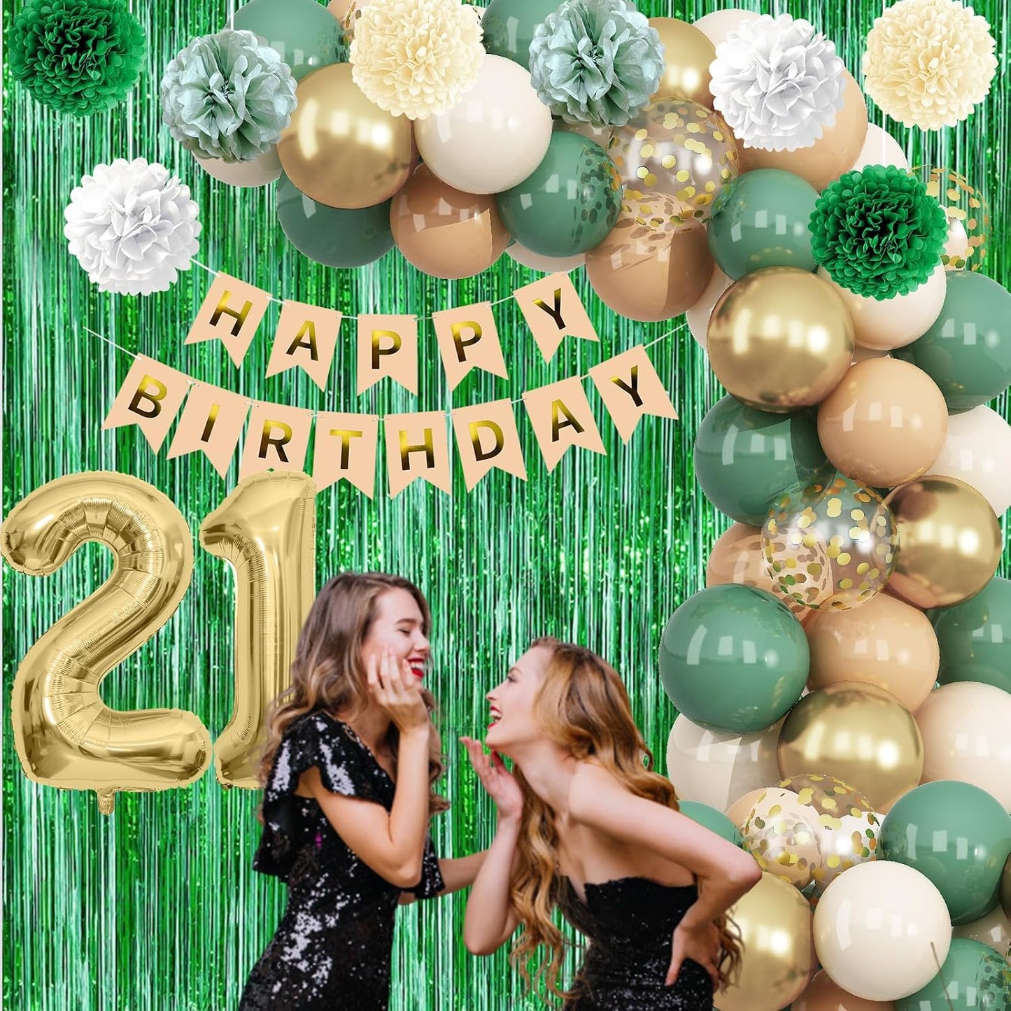 Sage Green 21st Birthday Decorations for Him Gold Number 21 Balloon Nude Gold Happy Birthday Banner Fringe Curtain Paper Pom Poms Olive Green Cream White Sand Star Foil Balloons Party Decor