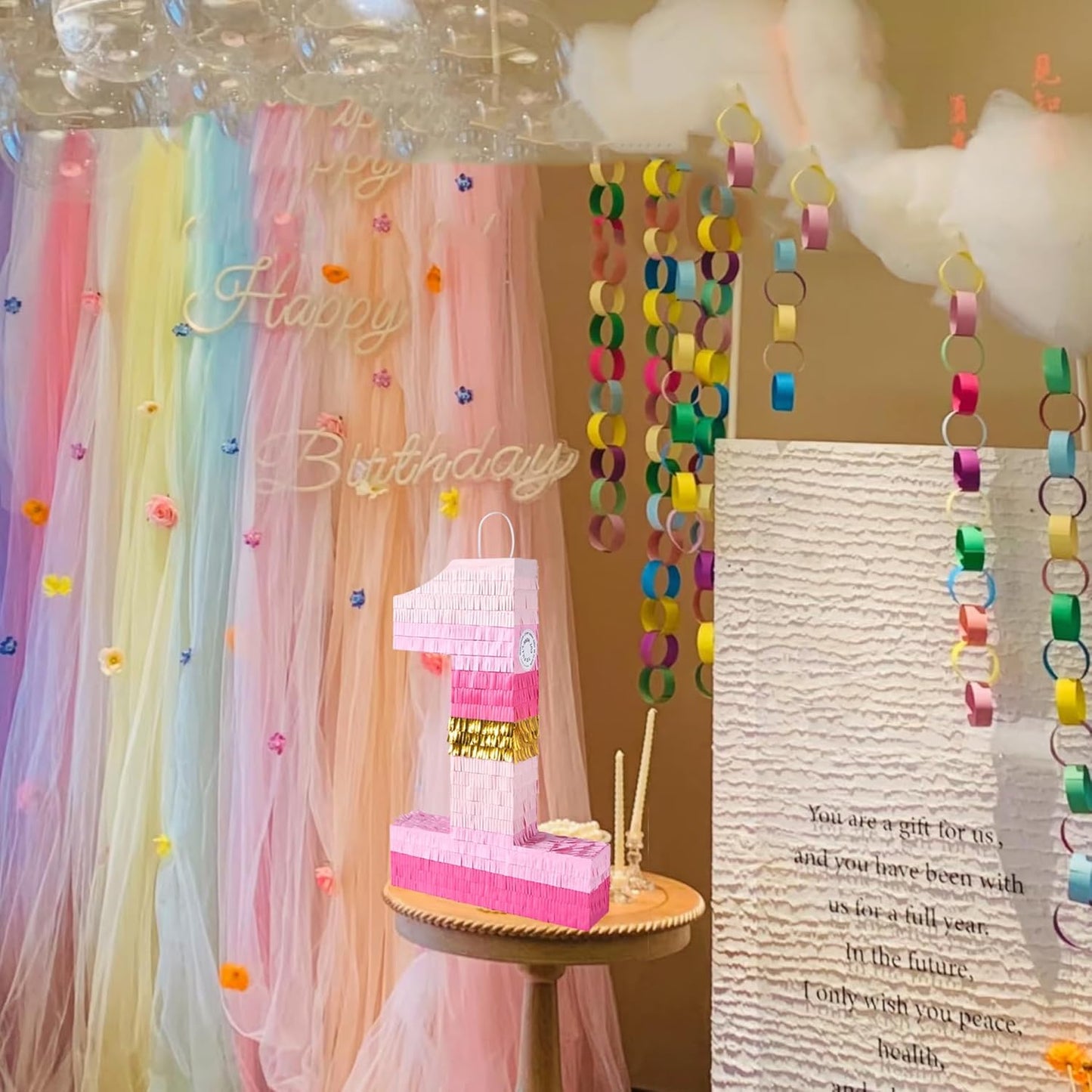 PCFING 20 Inch Number 1 Piñata Pink Gold with 30 Inch Piñata Stick Blindfold Confetti for Boys Girls Adults Birthday Party Decorations, Anniversary Celebration, Fiesta