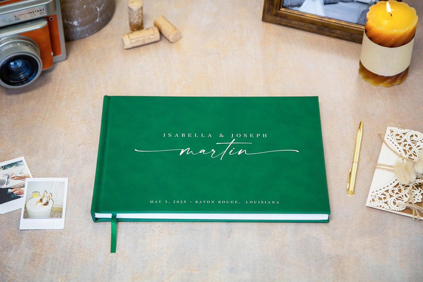 Personalized Guest Book - 11.5" x 8.5" Custom Bride & Groom Names with Bookmark and Hard Cover 140 GSM Blank Pages, for Weddings Guest Book, Engagements, Birthdays, Special Events, Emerald