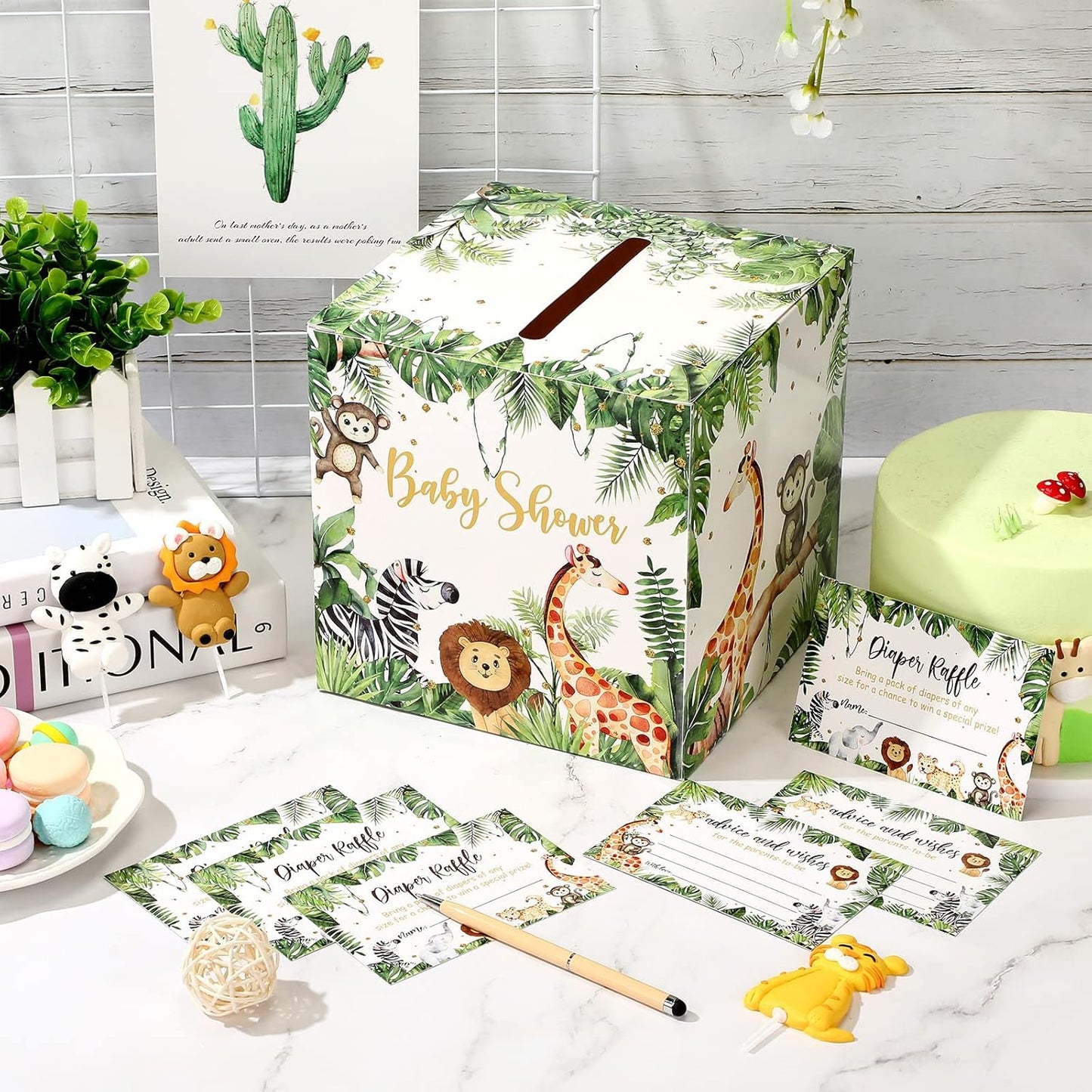 51 Pieces Woodland Baby Shower Card Box and Advice Cards, Diaper Raffle Game Box Tickets, Animals Safari Creatures Party Decorations for Baby Shower, Birthday, Gender Reveal (Jungle Animal Theme)